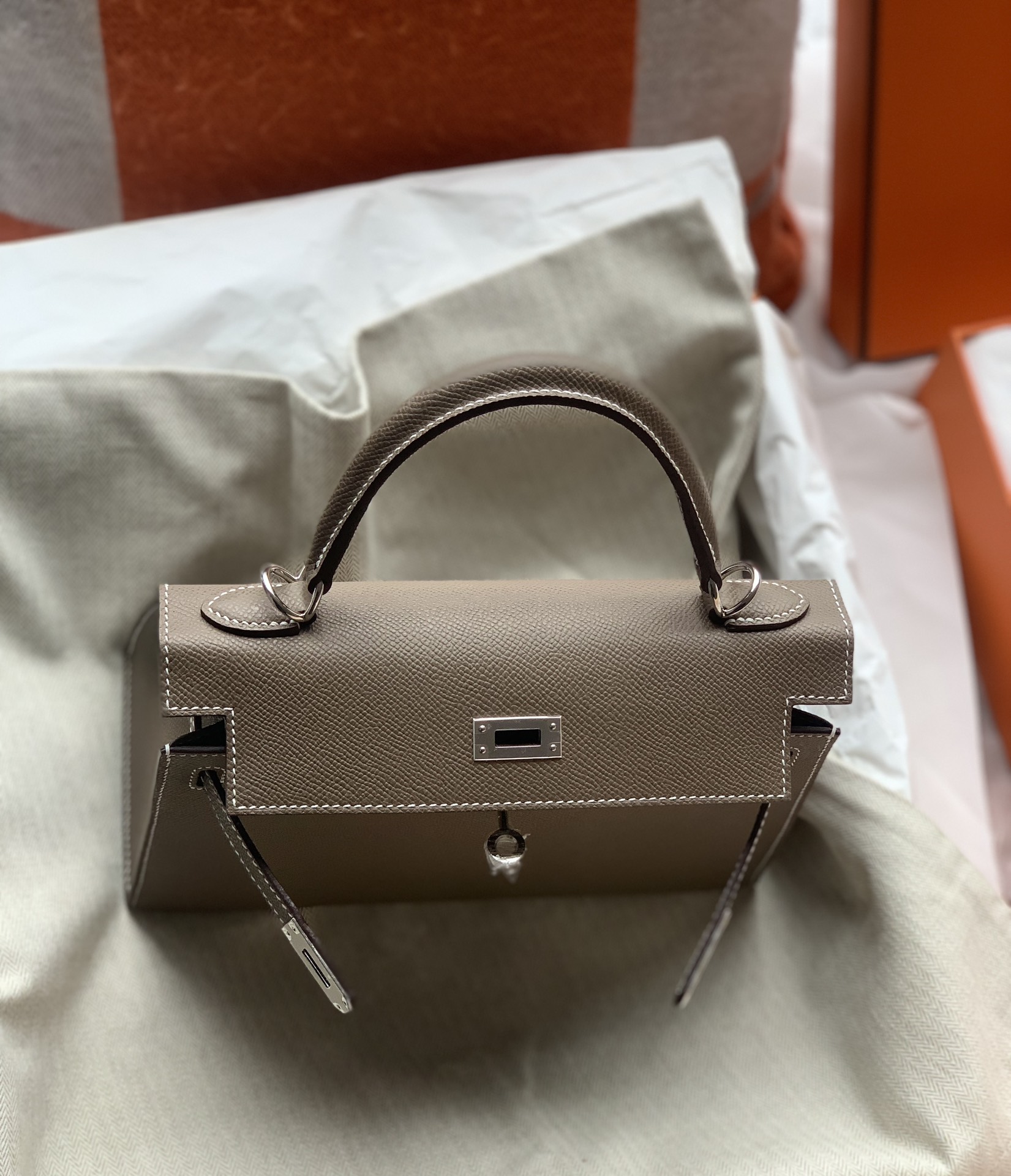 Hermes Light Brown Handbag Silver Lock With 25CM Strap