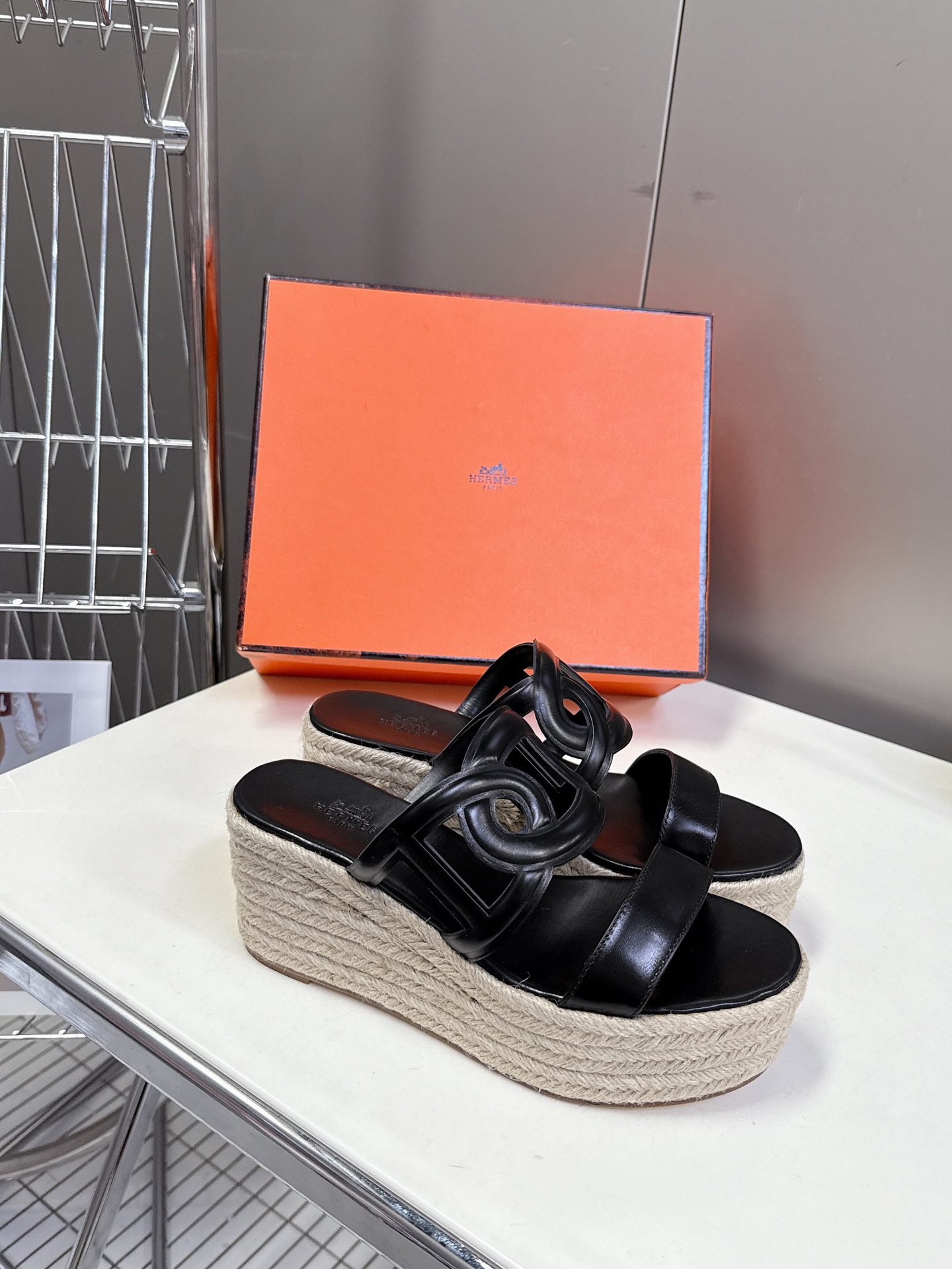 Hermes  Nappa Ithea Espadrille Wedge Sandals 35 Black