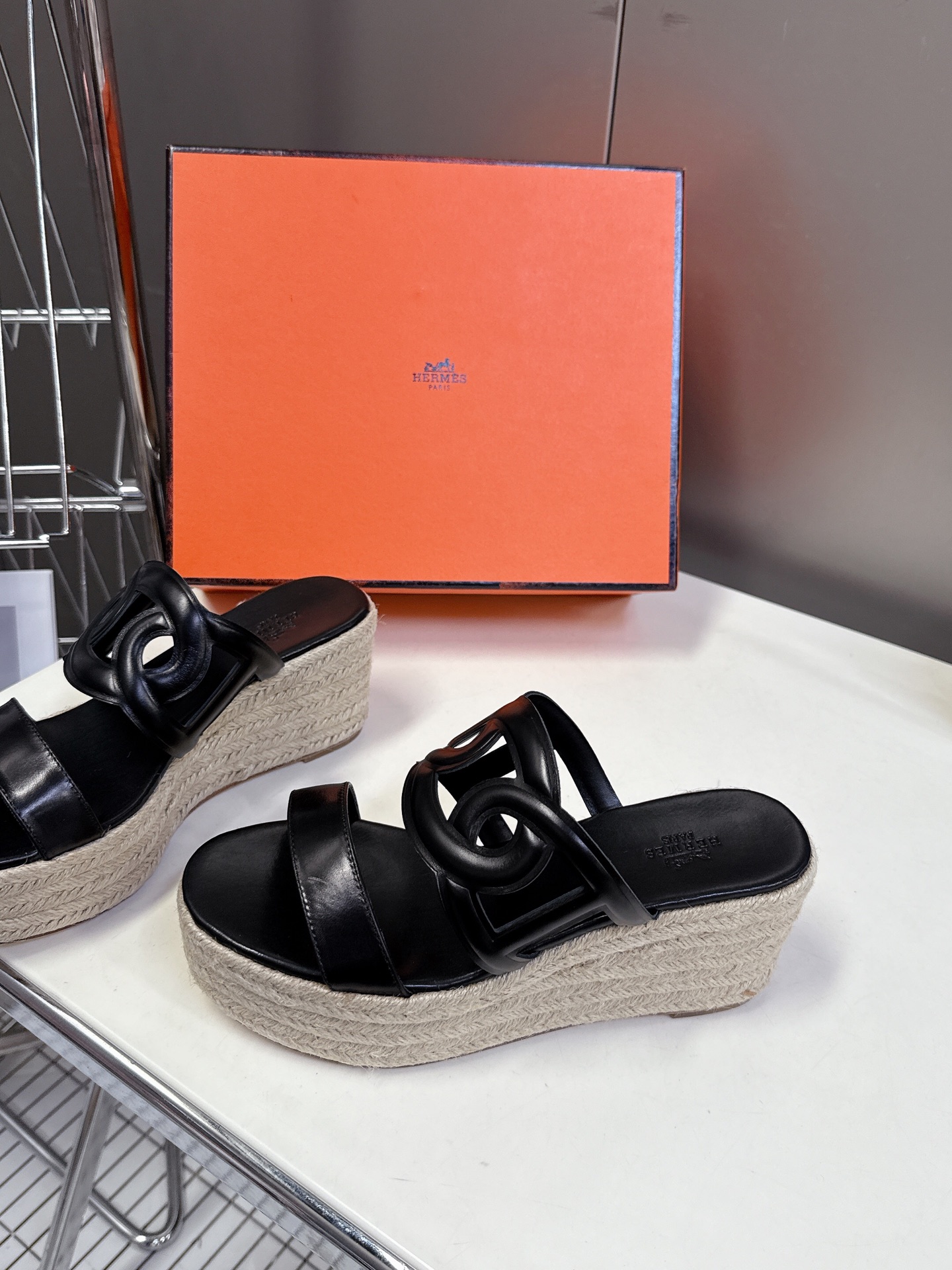 Hermes  Nappa Ithea Espadrille Wedge Sandals 35 Black
