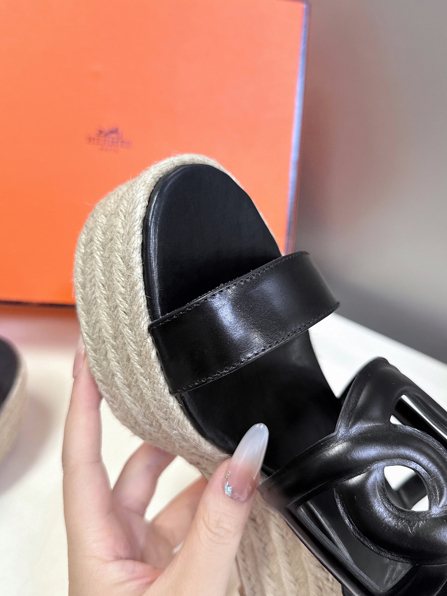 Hermes  Nappa Ithea Espadrille Wedge Sandals 35 Black