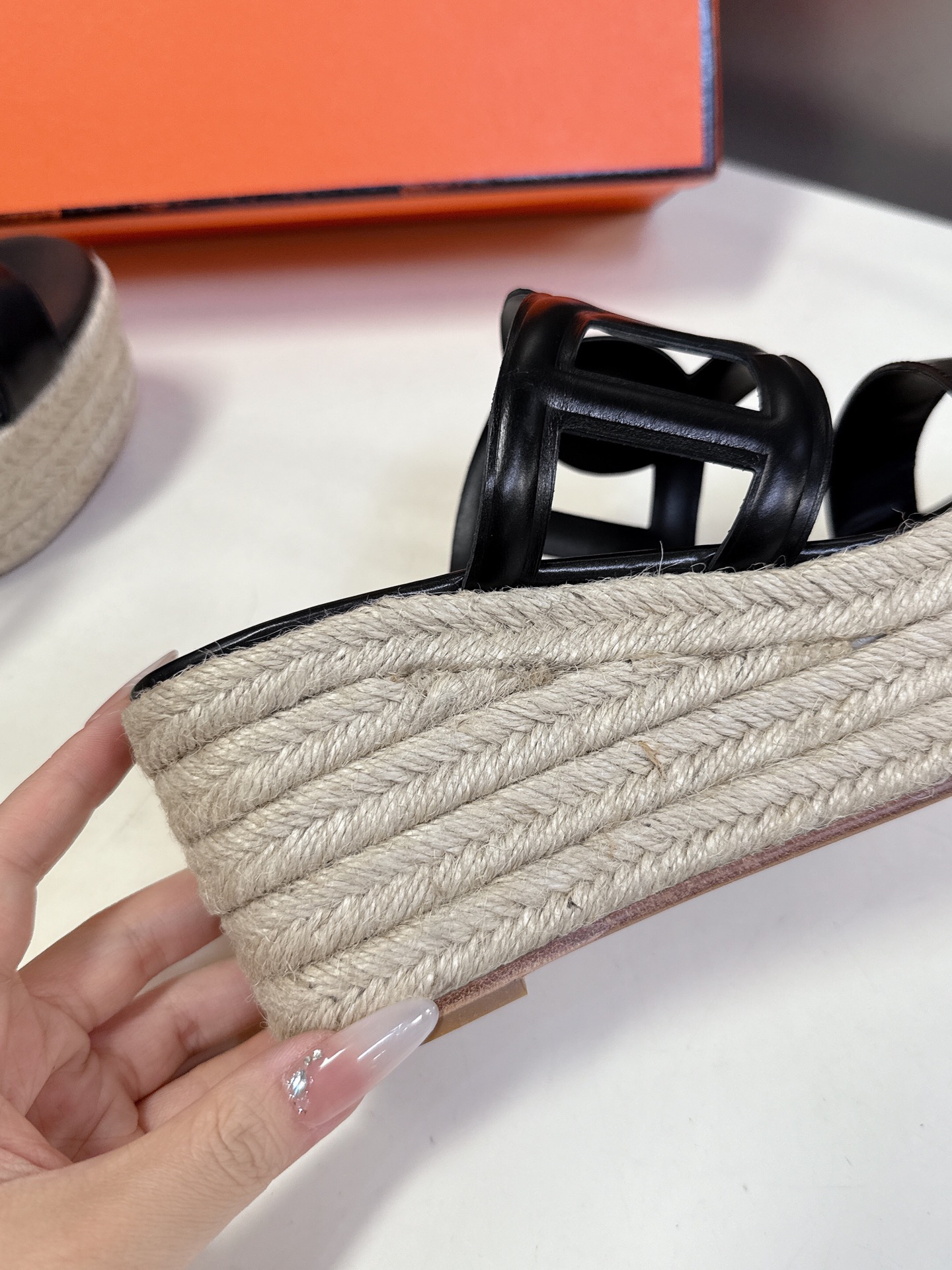 Hermes  Nappa Ithea Espadrille Wedge Sandals 35 Black