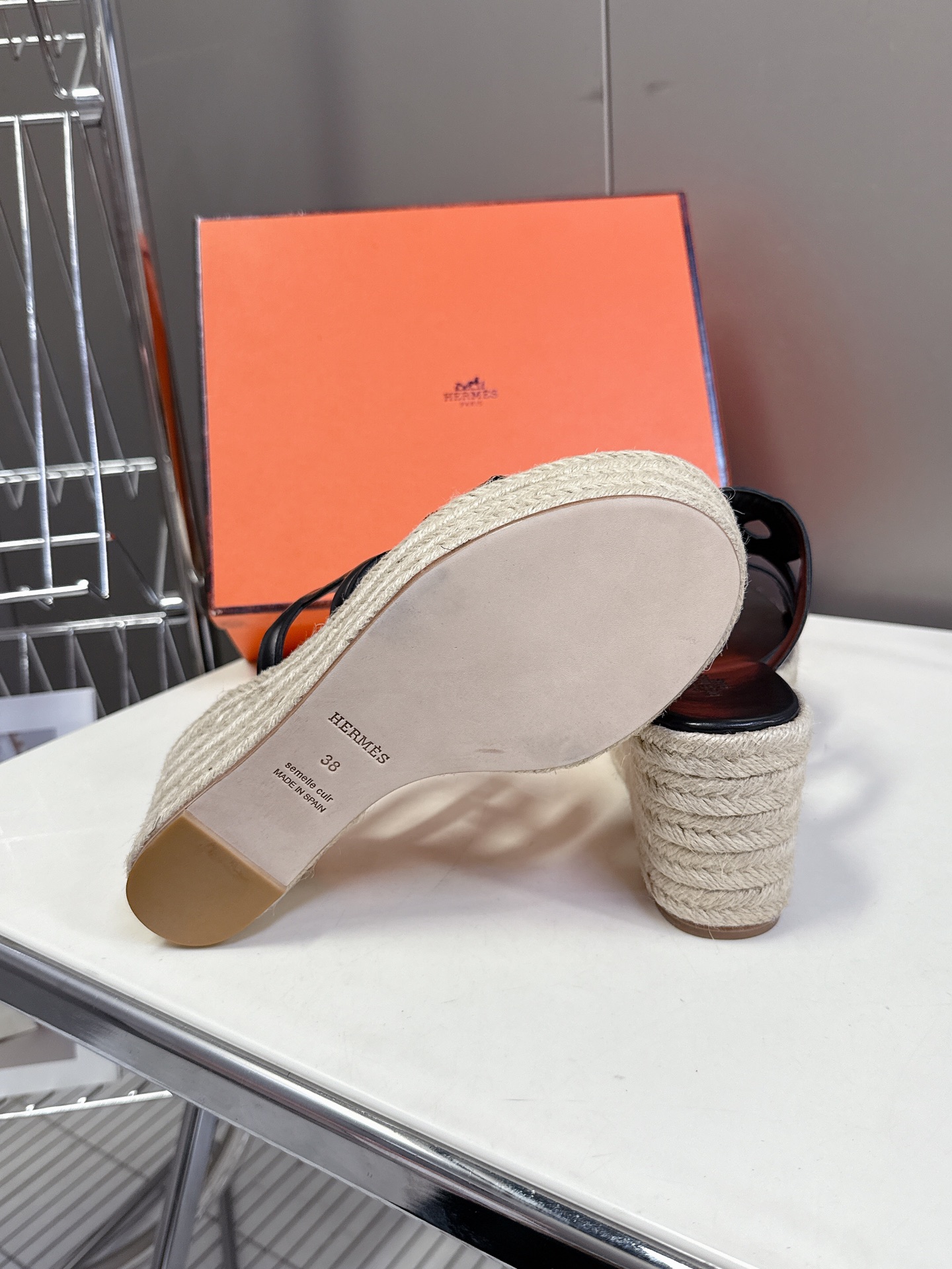 Hermes  Nappa Ithea Espadrille Wedge Sandals 35 Black