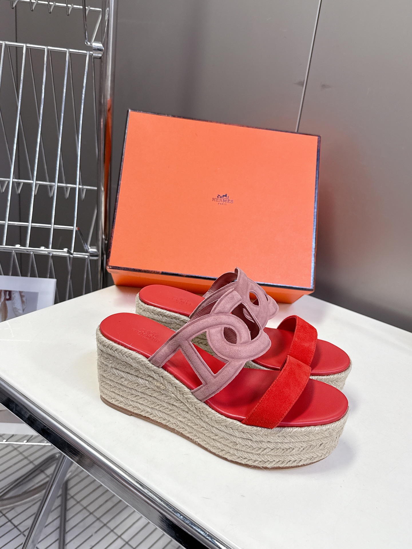Hermes  Nappa Ithea Espadrille Wedge Sandals red