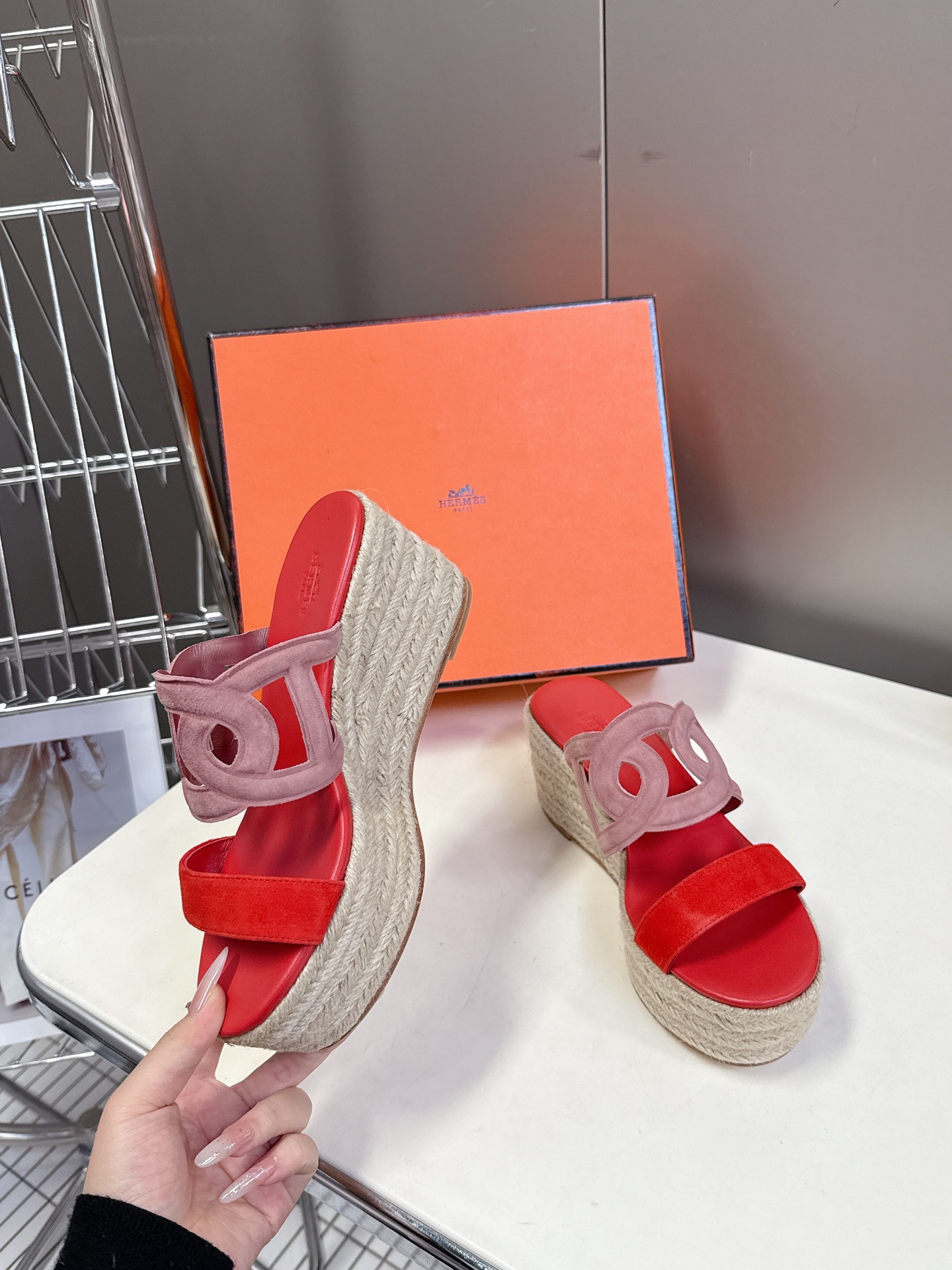 Hermes  Nappa Ithea Espadrille Wedge Sandals red