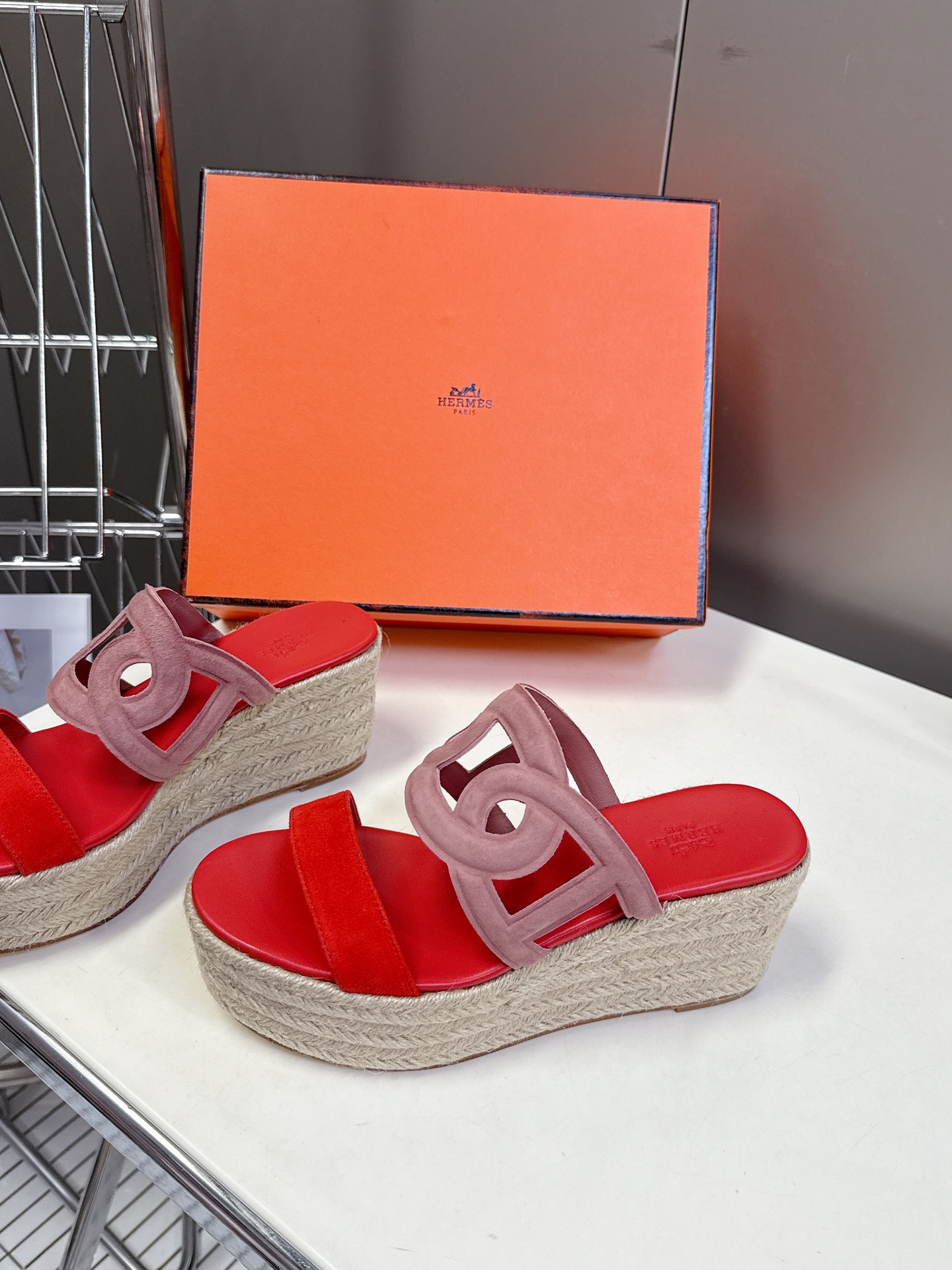 Hermes  Nappa Ithea Espadrille Wedge Sandals red
