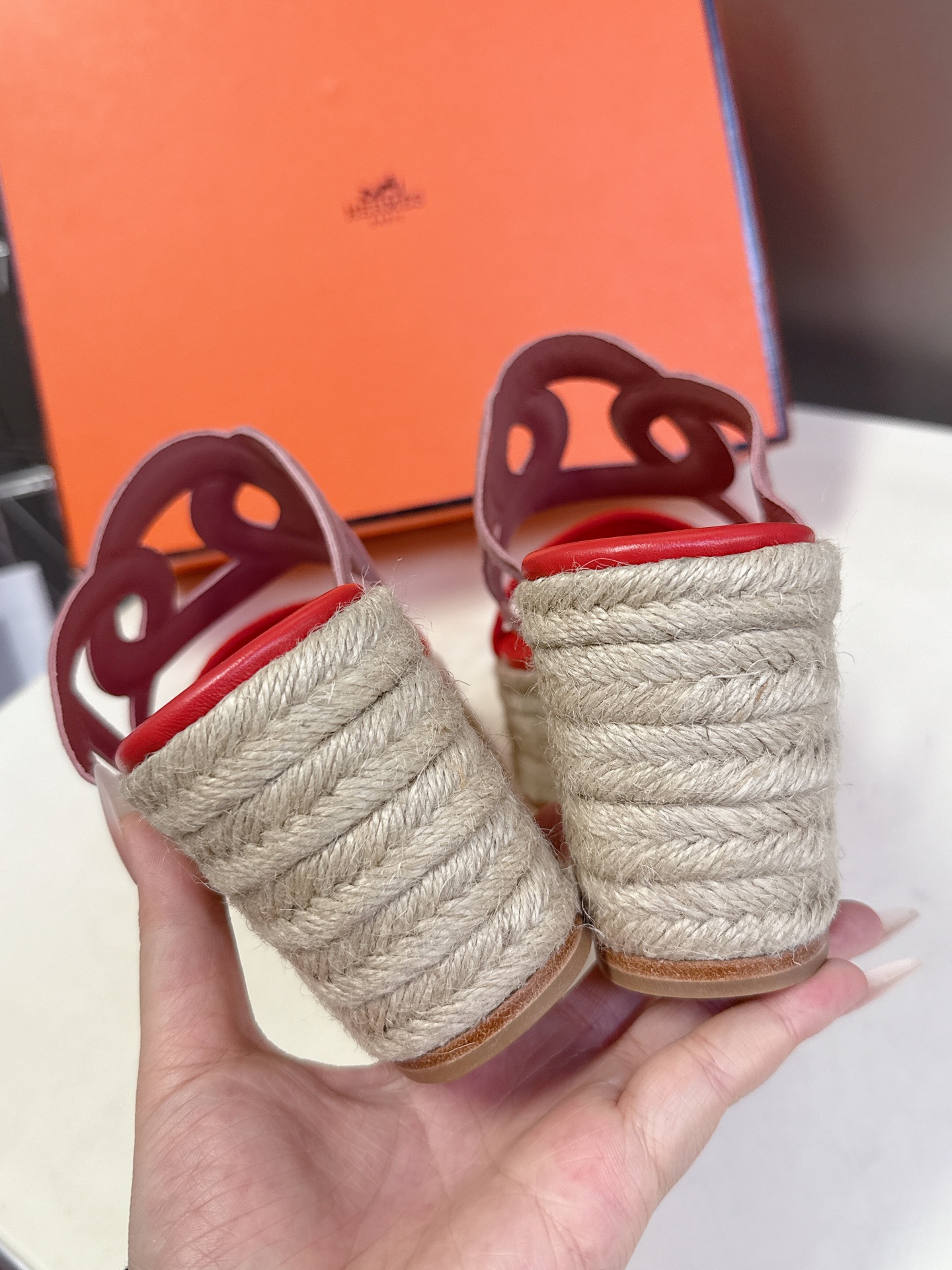 Hermes  Nappa Ithea Espadrille Wedge Sandals red