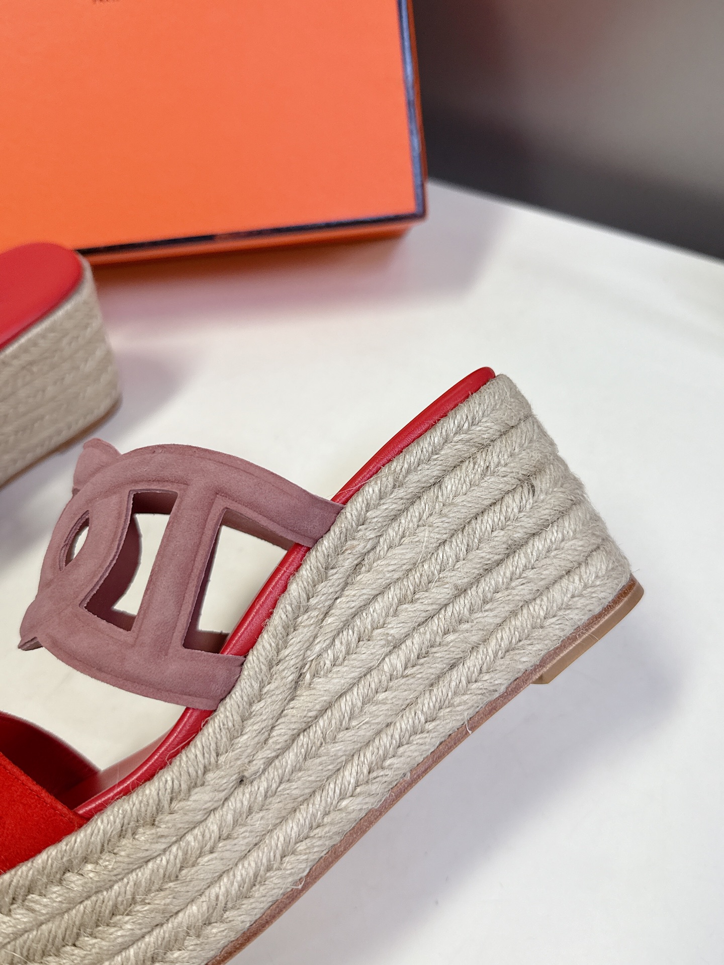 Hermes  Nappa Ithea Espadrille Wedge Sandals red