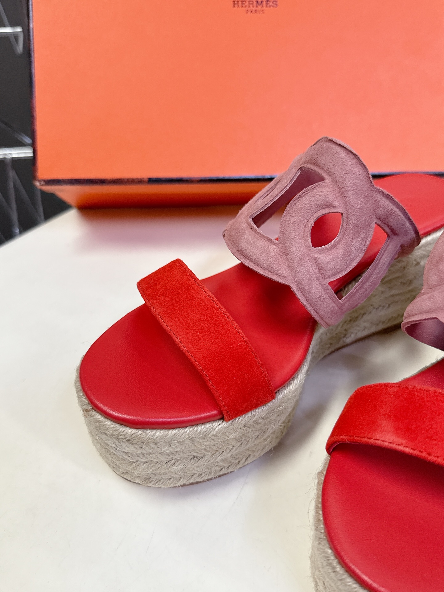 Hermes  Nappa Ithea Espadrille Wedge Sandals red