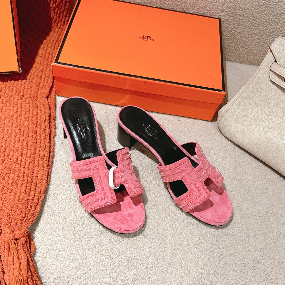 Hermès Pink Suede Heeled Slides