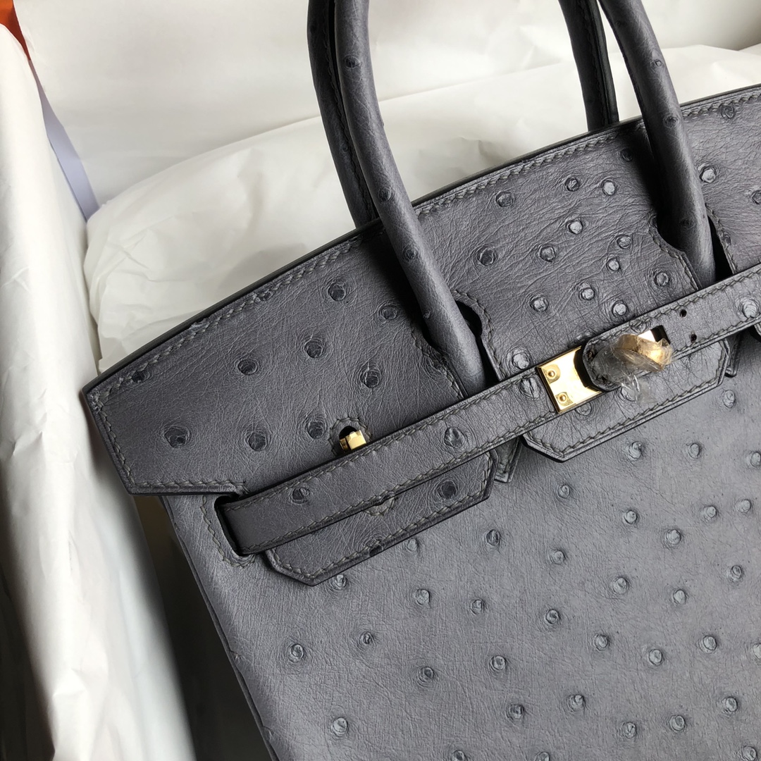 HERMES Ostrich Horseshoe Birkin 25 Gris Agate Bleu