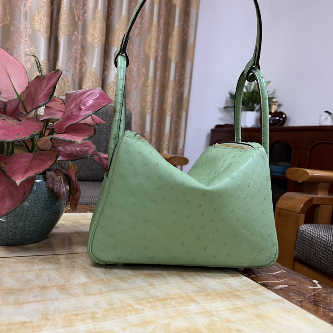 HERMES Ostrich Leather Mini Lindy Gold Buckle Shoulder Bag Light Gray