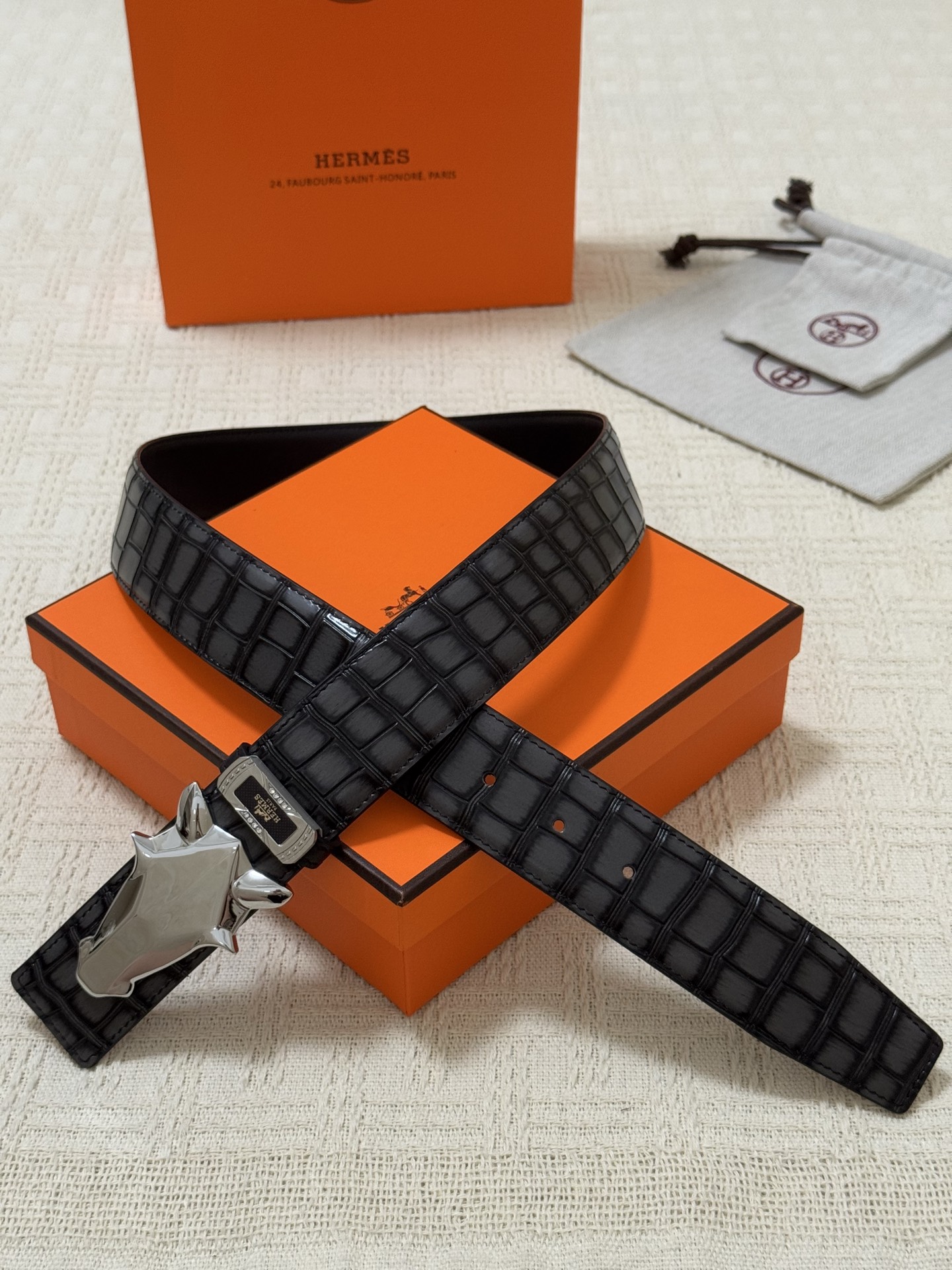 Hermes Style Black Croc-Embossed Leather Belt with Silver Horse Sculpted Buckle
