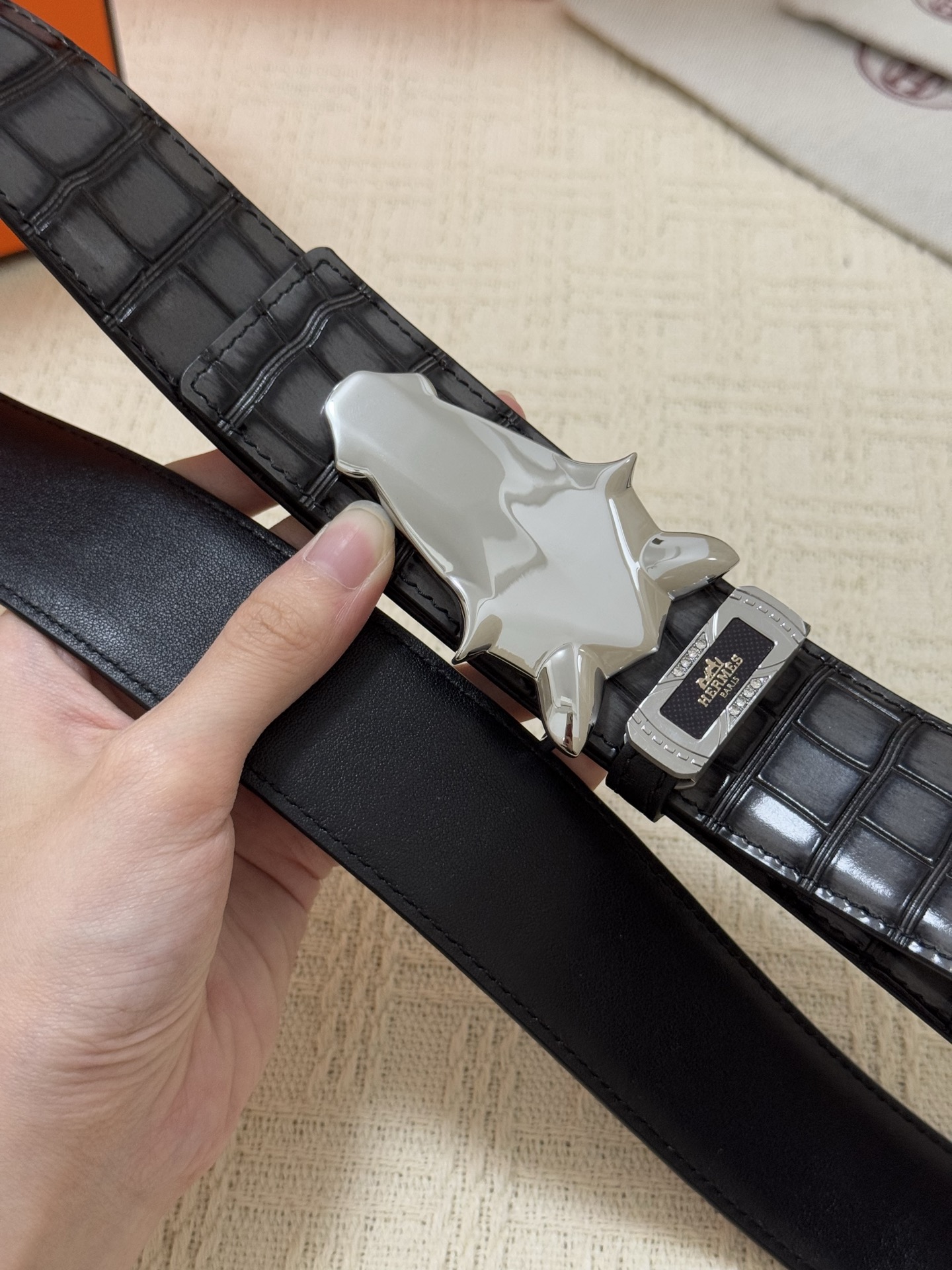 Hermes Style Black Croc-Embossed Leather Belt with Silver Horse Sculpted Buckle