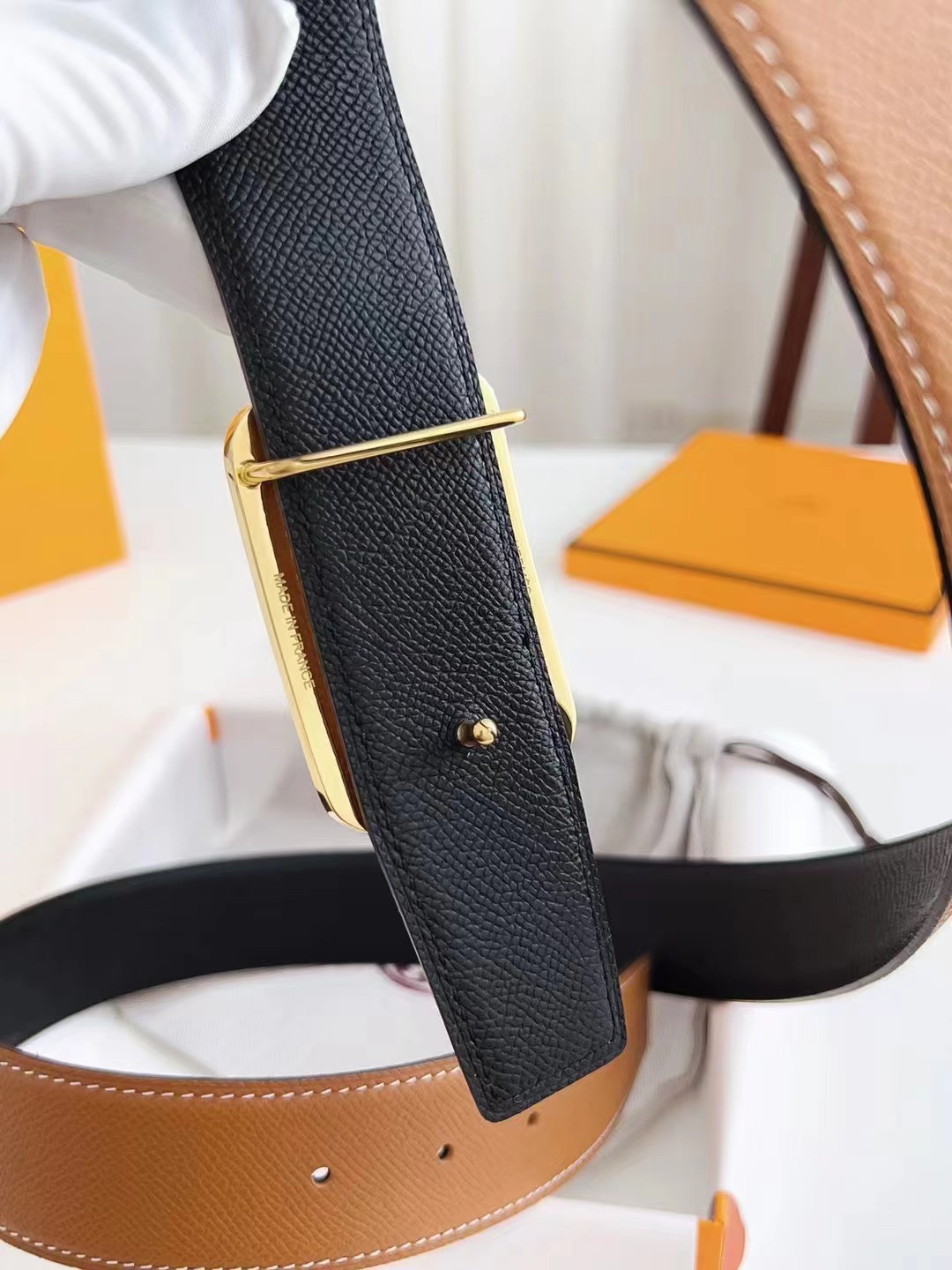 Hermes Style Gold Square Buckle Belt in Tan Epsom Leather