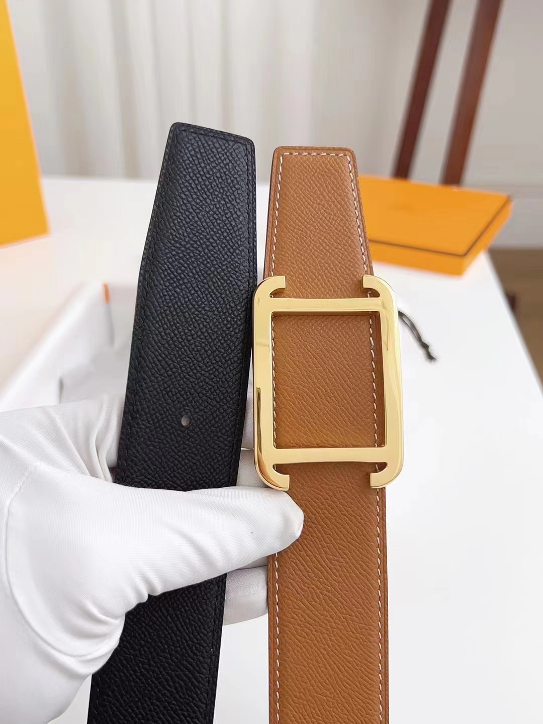 Hermes Style Gold Square Buckle Belt in Tan Epsom Leather