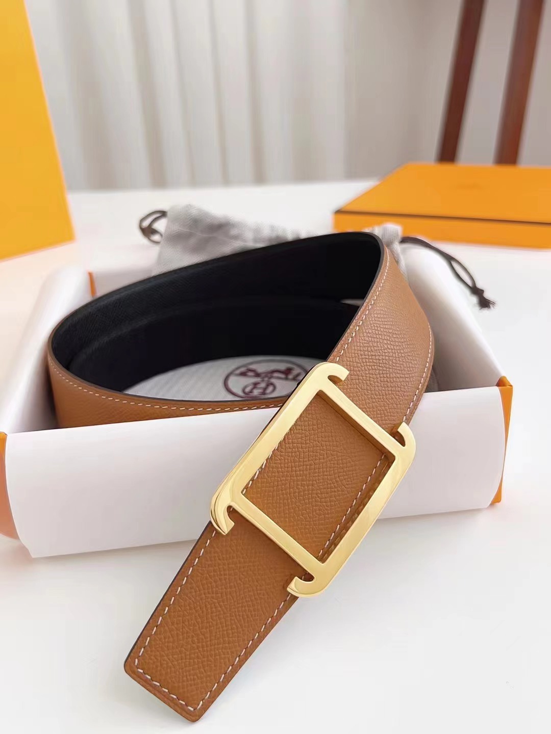 Hermes Style Gold Square Buckle Belt in Tan Epsom Leather