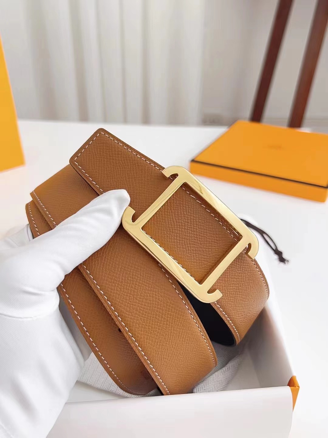Hermes Style Gold Square Buckle Belt in Tan Epsom Leather