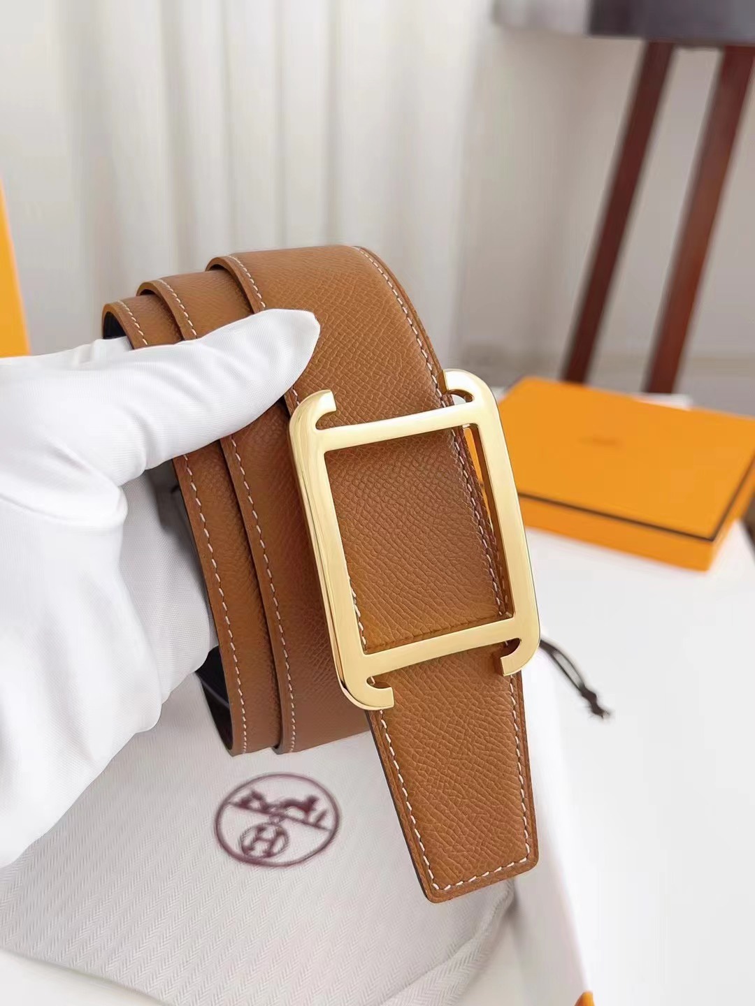 Hermes Style Gold Square Buckle Belt in Tan Epsom Leather