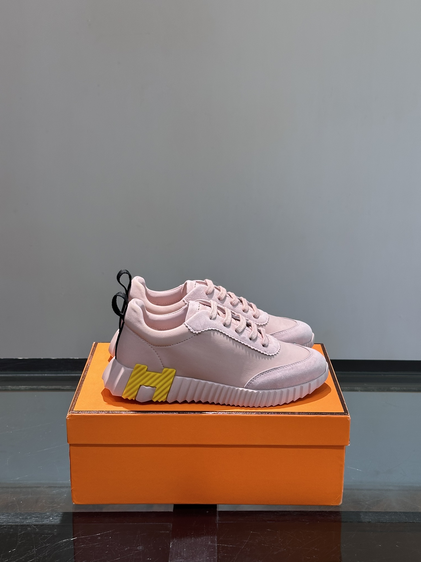 Hermès Pale Pink Leather Sneakers - Yellow 'H' Detail