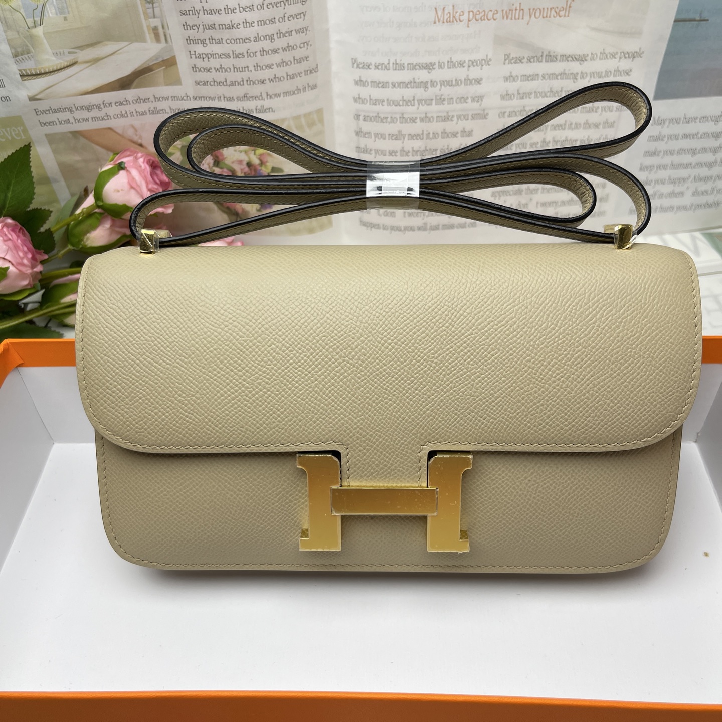Hermes Women's Crossbody Bag Beige Gold Logo