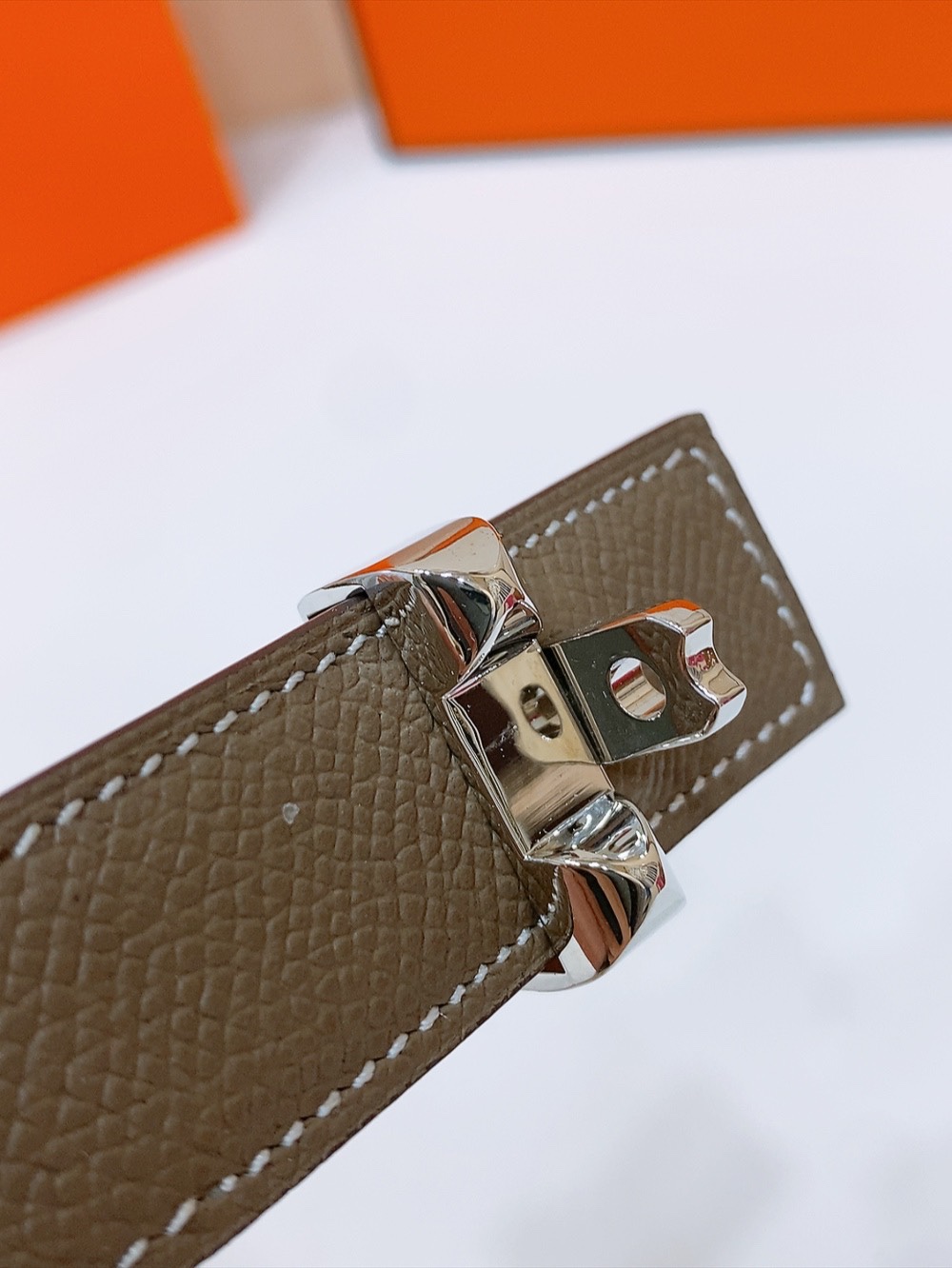 HERMESTaupe and Brown Reversible Calfskin Belt with Palladium Clasp 32mm