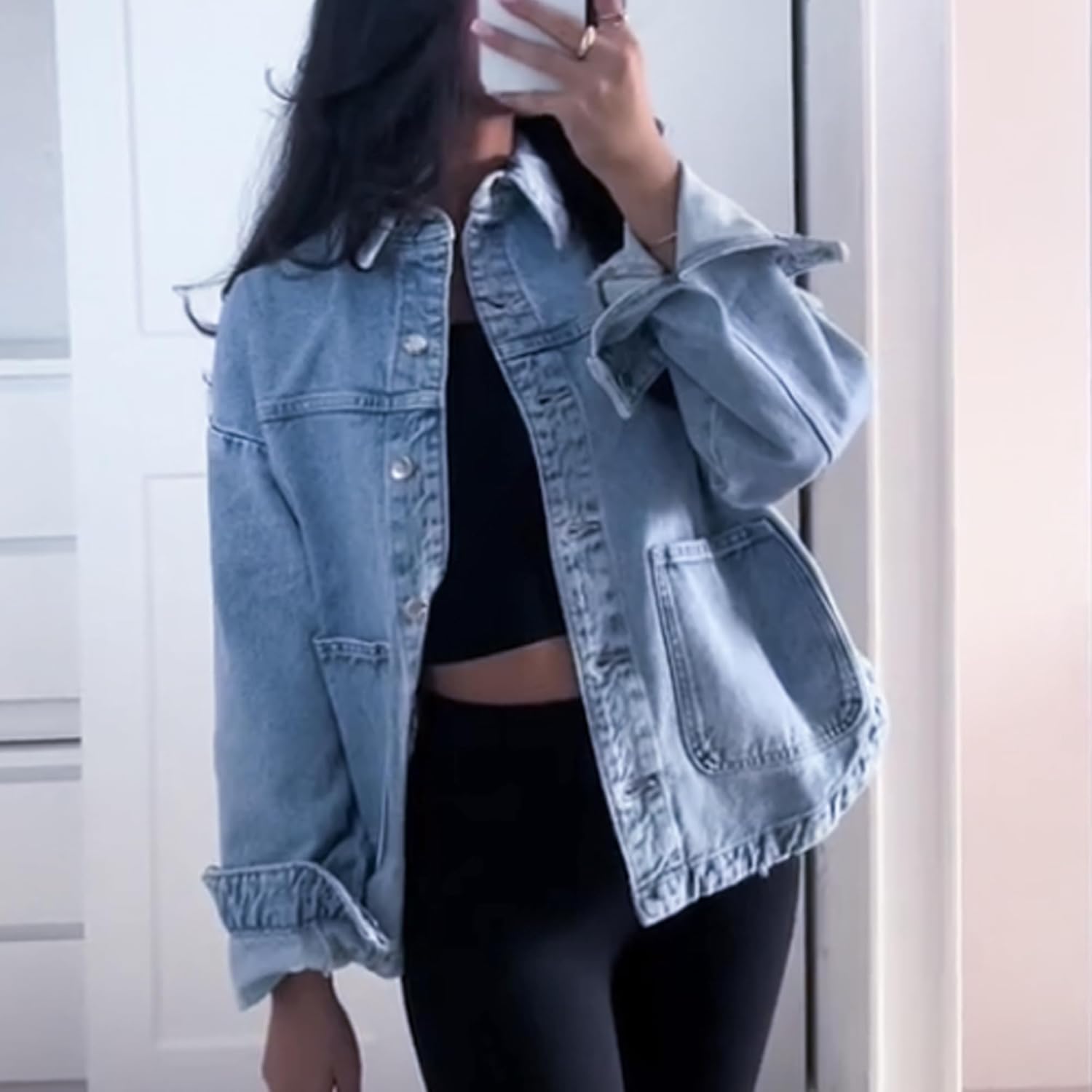 Hixiaohe Jean Jackets for Women Trendy Button Up Denim Shirt Jacket Oversized Long Sleeve Coat Fashion Clothes with Pockets