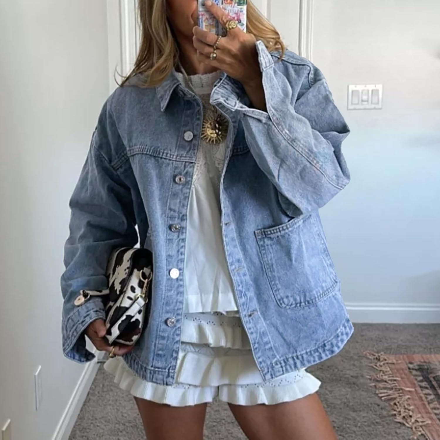 Hixiaohe Jean Jackets for Women Trendy Button Up Denim Shirt Jacket Oversized Long Sleeve Coat Fashion Clothes with Pockets