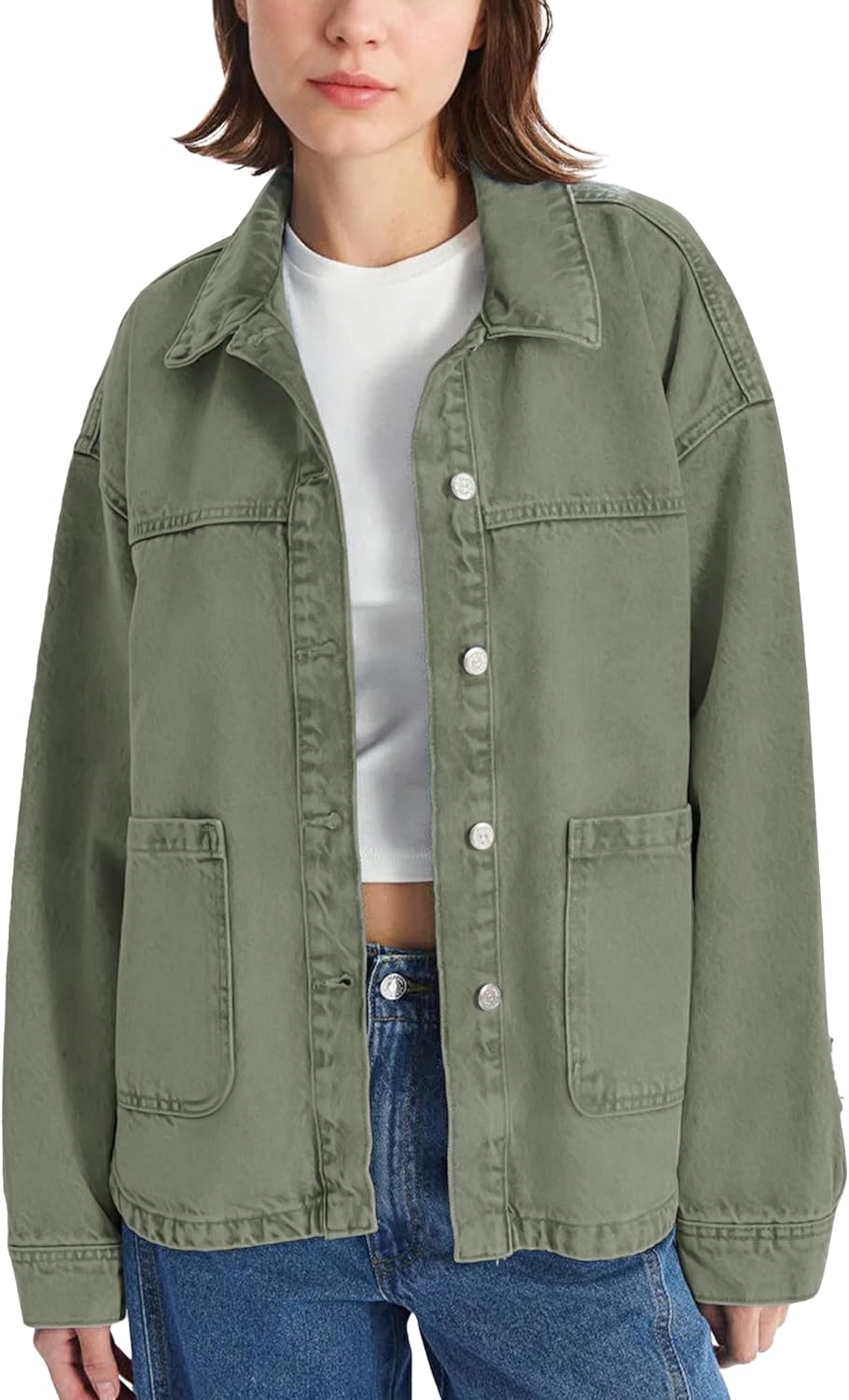Hixiaohe Jean Jackets for Women Trendy Button Up Denim Shirt Jacket Oversized Long Sleeve Coat Fashion Clothes with Pockets