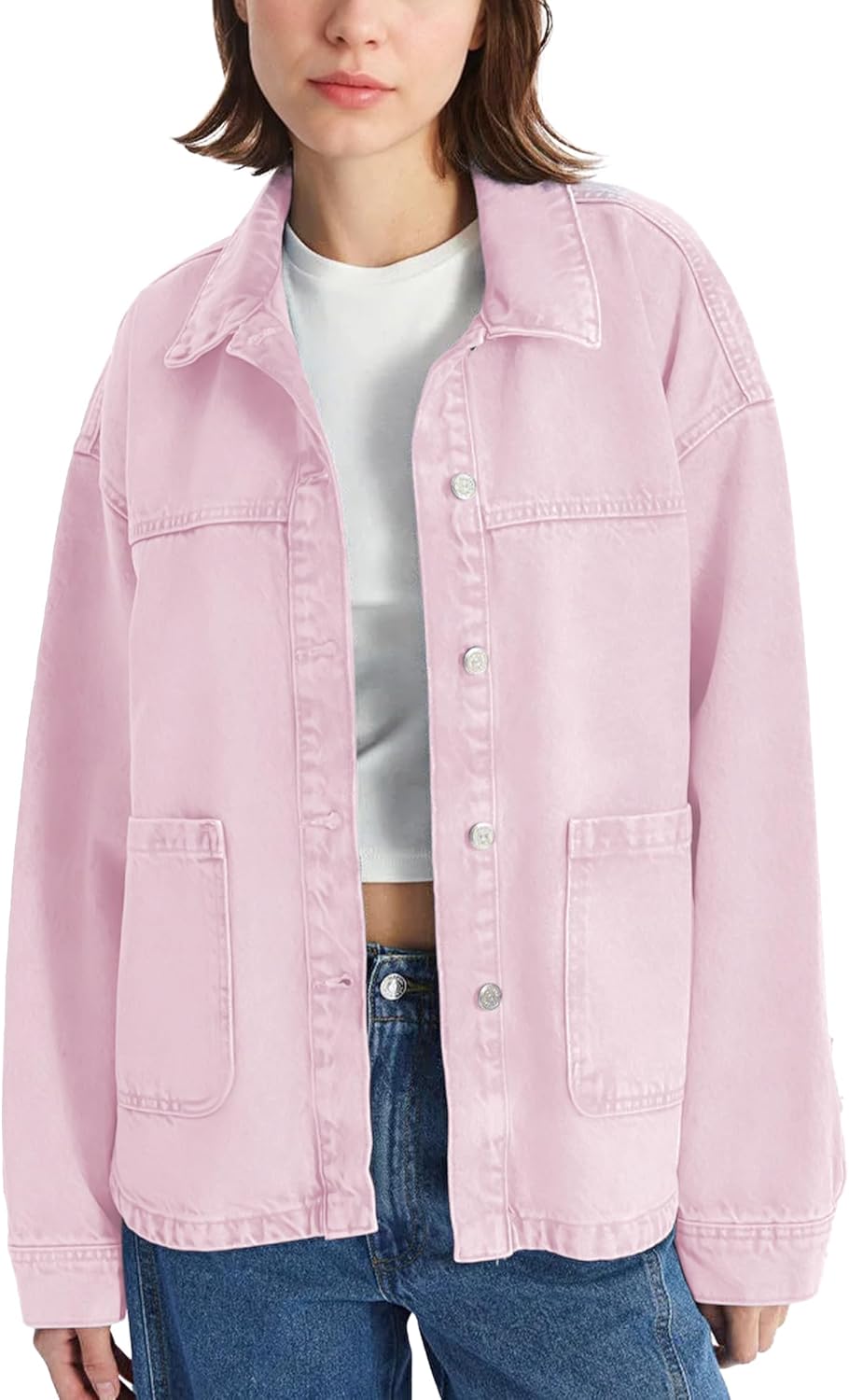 Hixiaohe Jean Jackets for Women Trendy Button Up Denim Shirt Jacket Oversized Long Sleeve Coat Fashion Clothes with Pockets