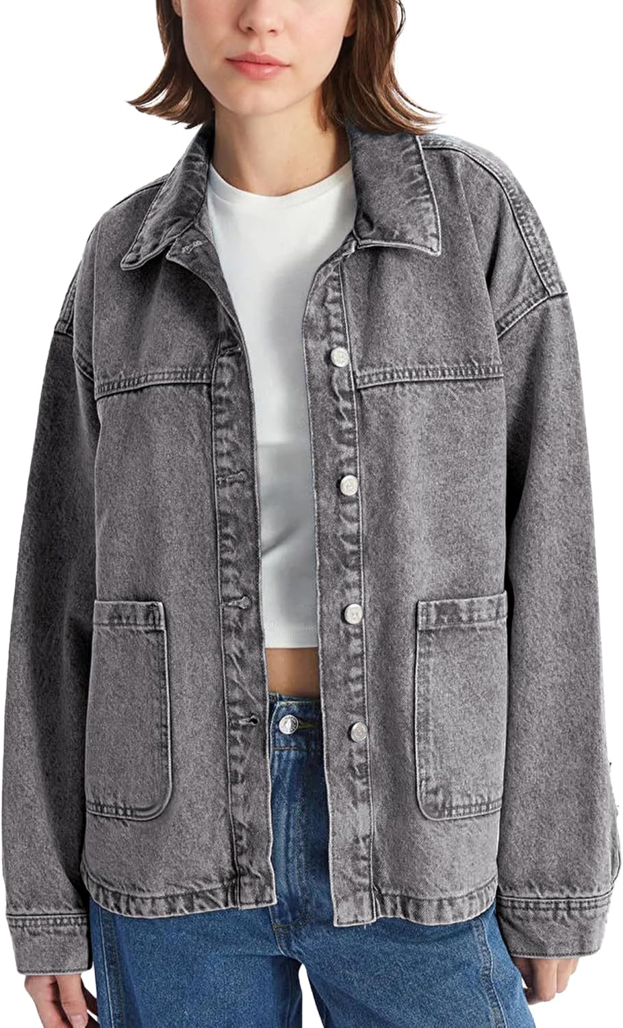 Hixiaohe Jean Jackets for Women Trendy Button Up Denim Shirt Jacket Oversized Long Sleeve Coat Fashion Clothes with Pockets