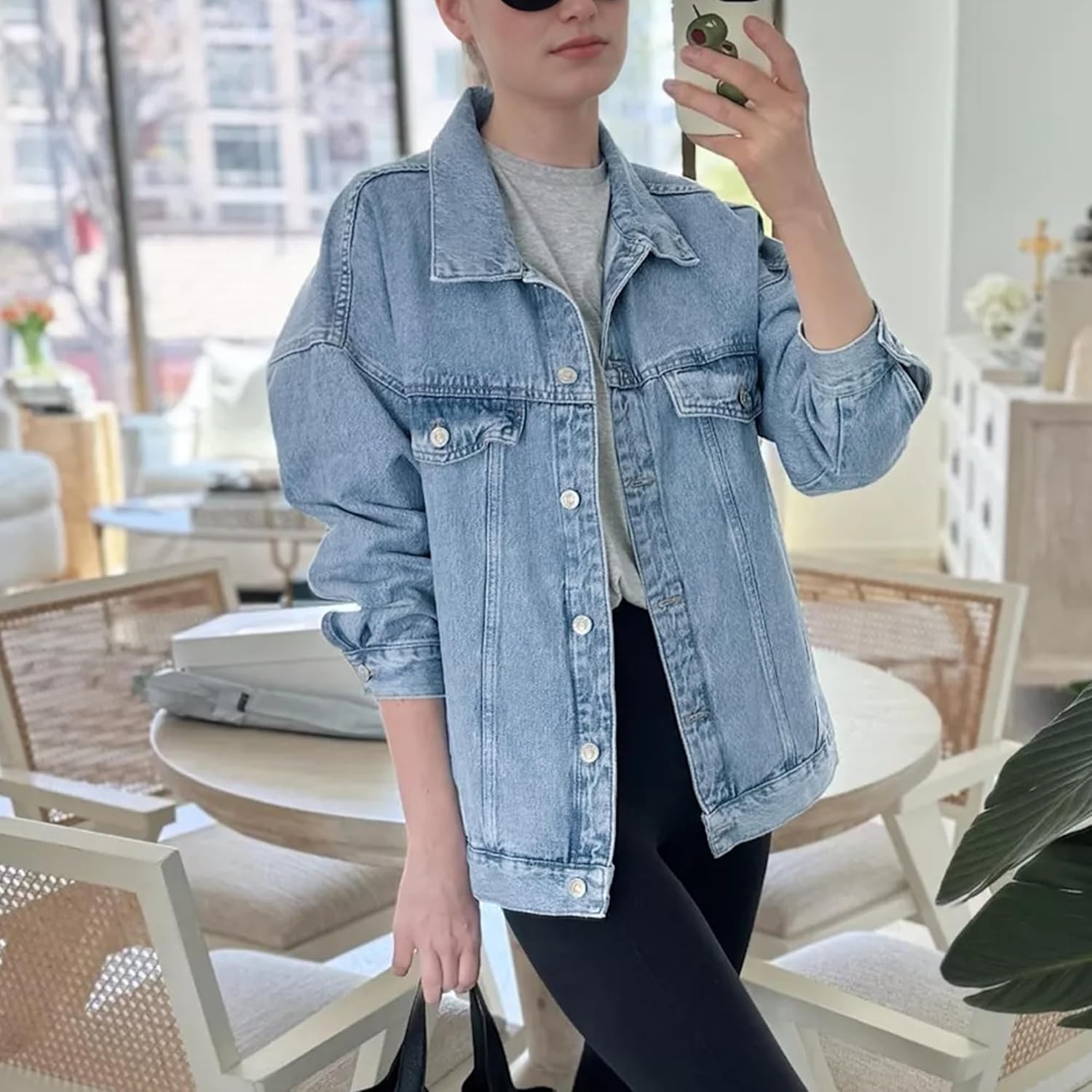 Hixiaohe Oversized Jean Jacket Women Fashion Long Sleeve Button Down Denim Jacket Loose Boyfriend Trucker Jean Coats