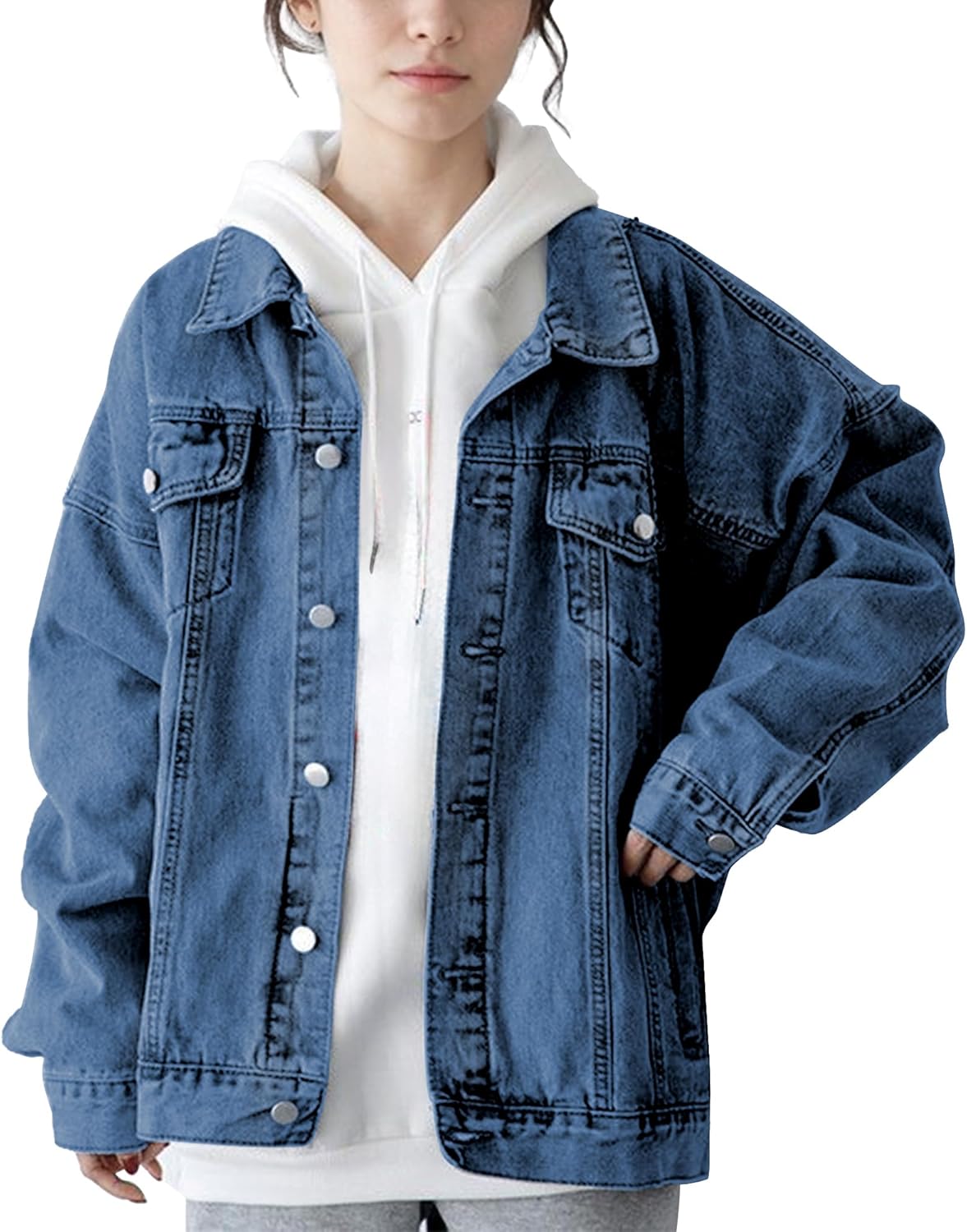 Hixiaohe Oversized Jean Jacket Women Fashion Long Sleeve Button Down Denim Jacket Loose Boyfriend Trucker Jean Coats
