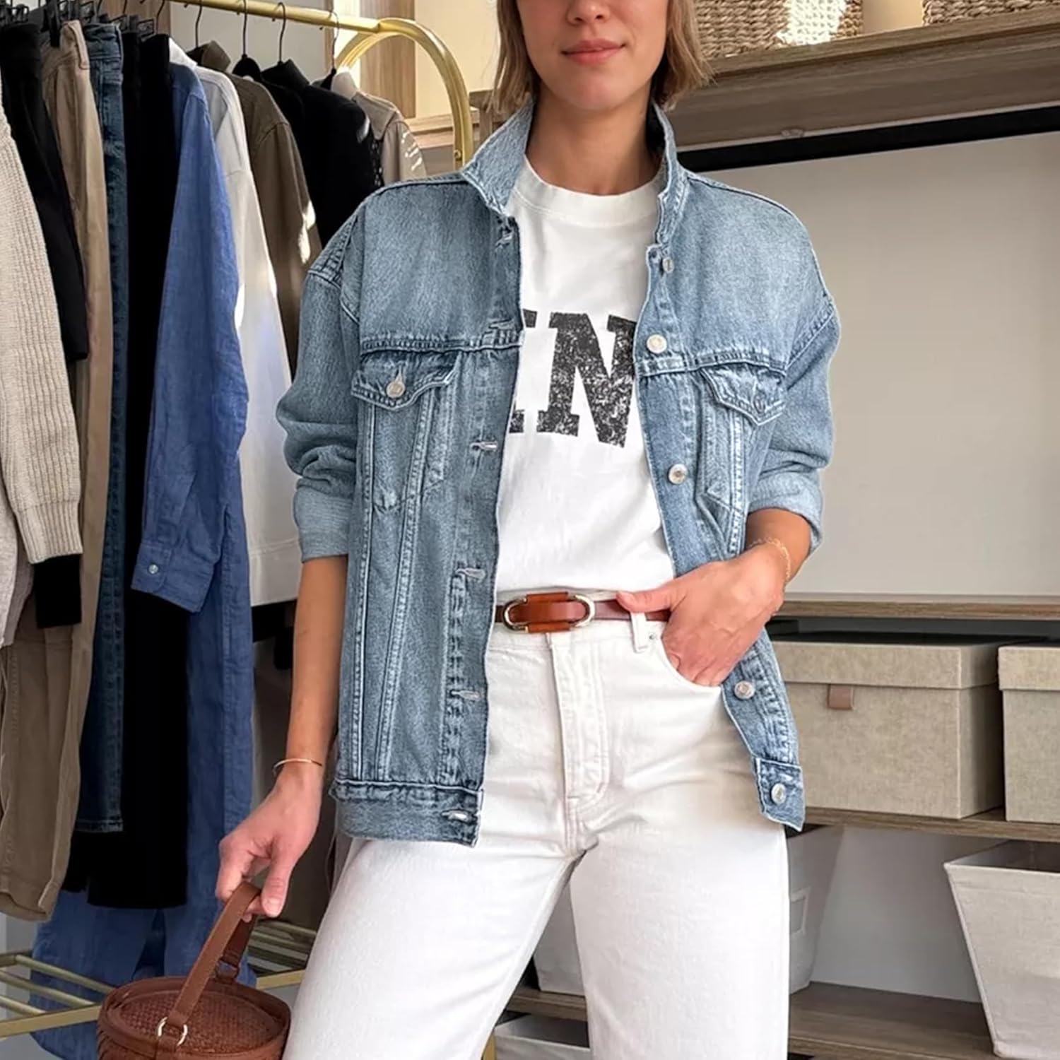 Hixiaohe Oversized Jean Jacket Women Fashion Long Sleeve Button Down Denim Jacket Loose Boyfriend Trucker Jean Coats