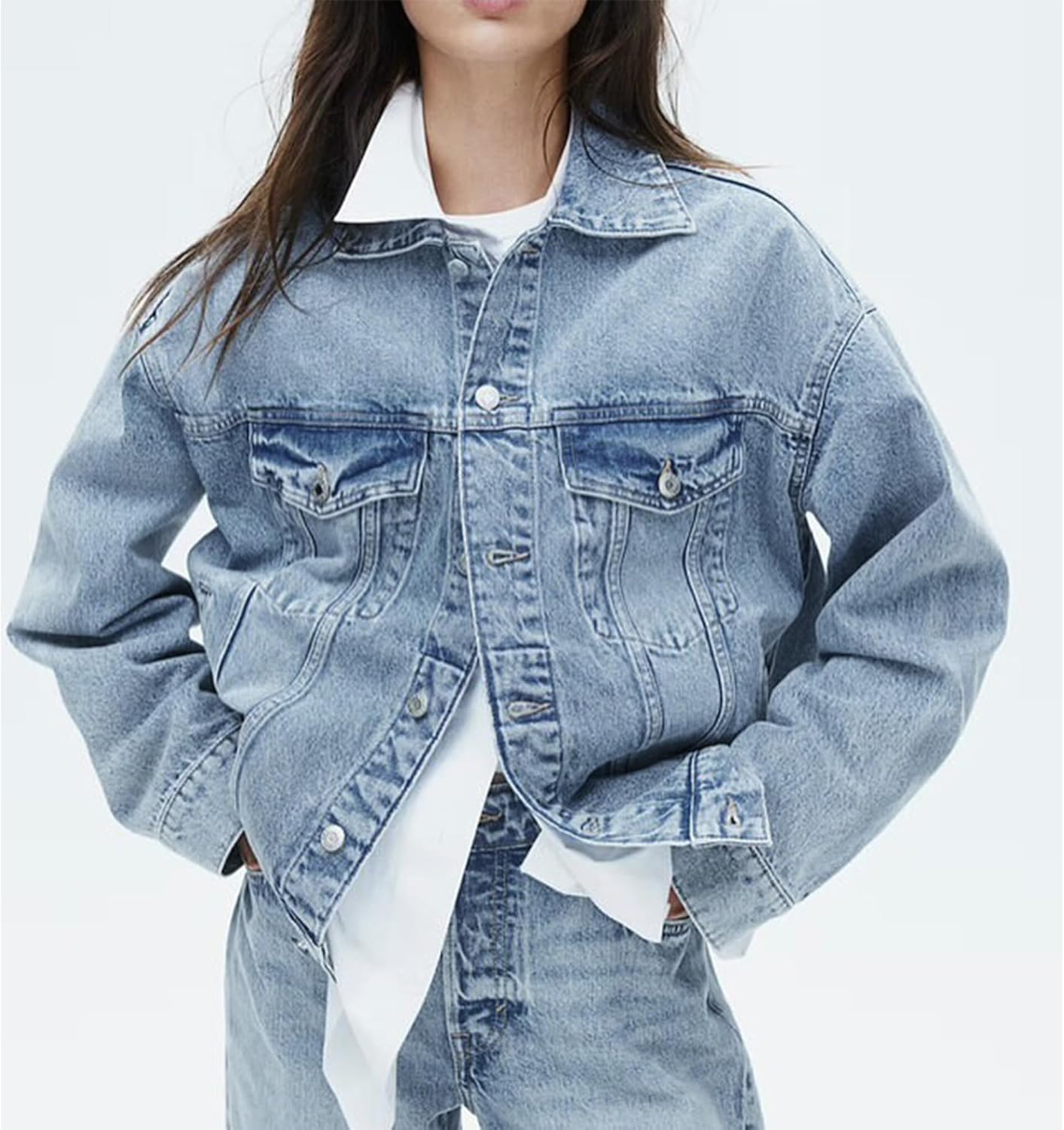 Hixiaohe Oversized Jean Jacket Women Fashion Long Sleeve Button Down Denim Jacket Loose Boyfriend Trucker Jean Coats