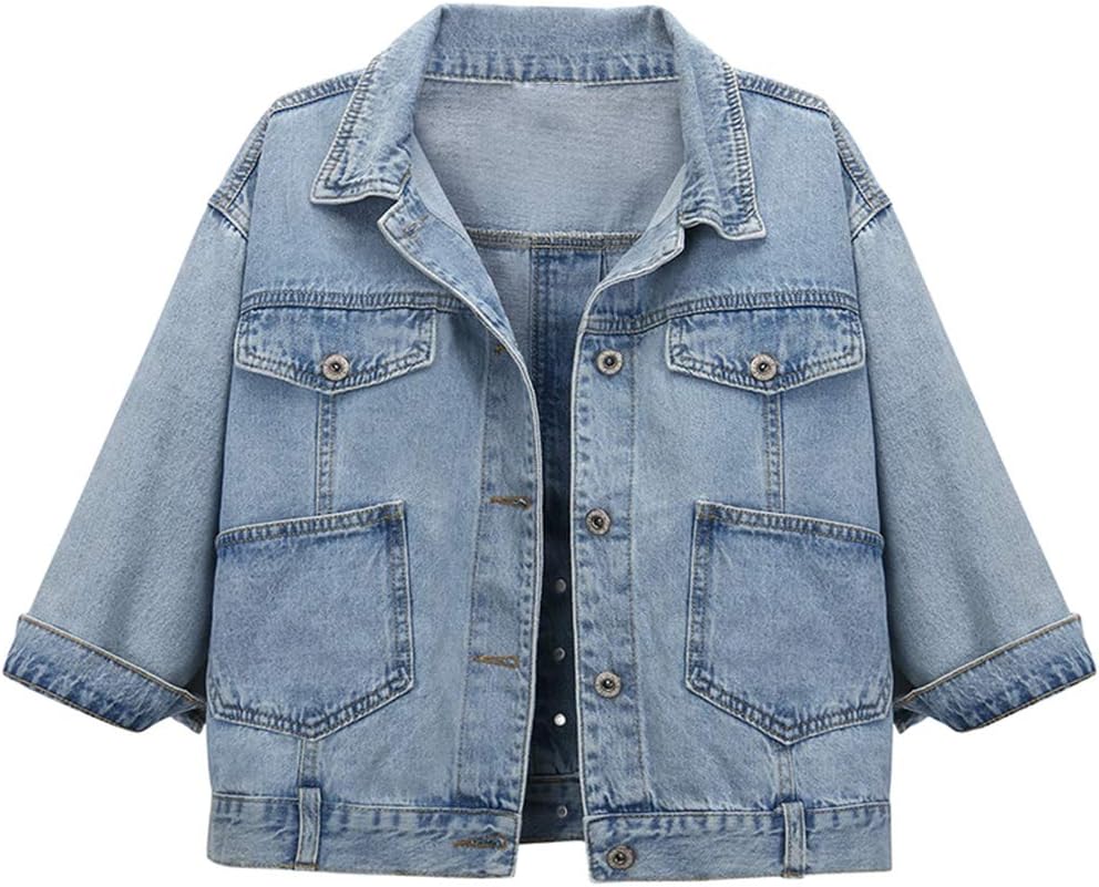 Hixiaohe Women Autumn 3\/4 Sleeve Retro Short Denim Jackets Light Blue Jean Coats