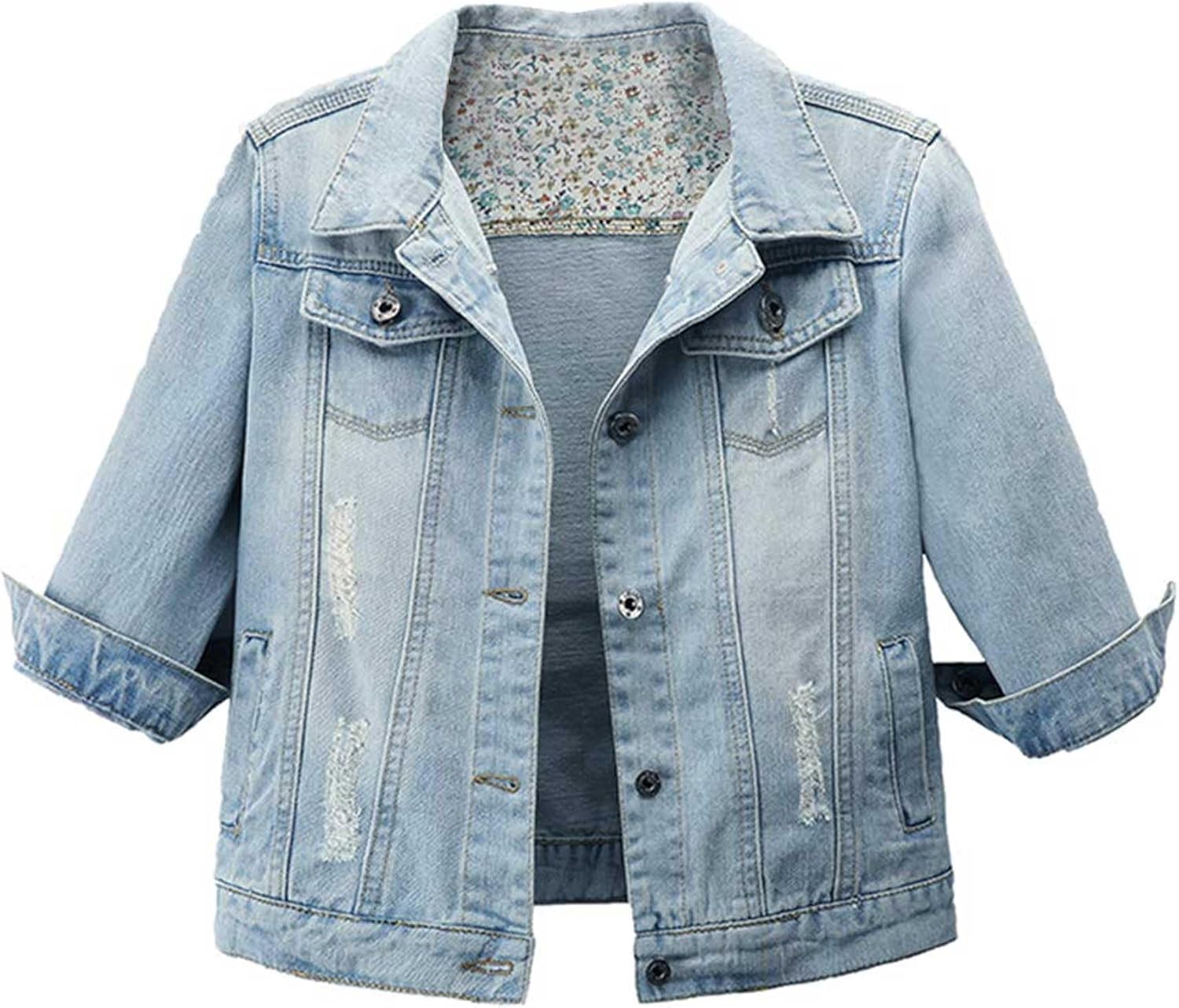 Hixiaohe Women Autumn 3\/4 Sleeve Retro Short Denim Jackets Light Blue Jean Coats