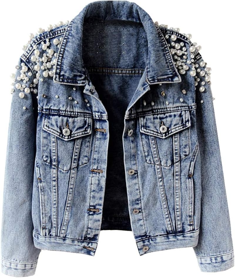 Hixiaohe Women Loose Embroidered Pearls Beading Cropped Denim Jacket Jean Coat