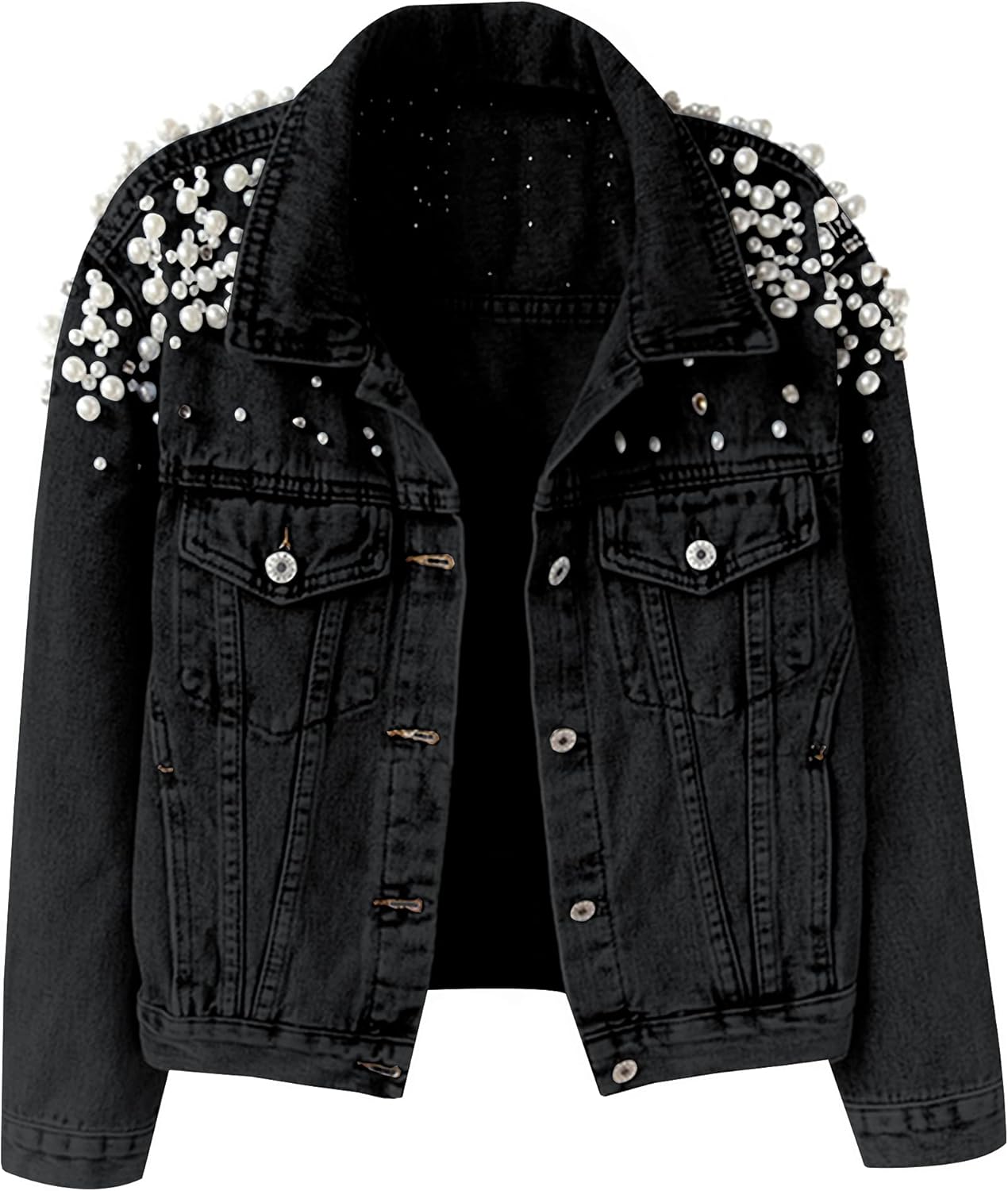 Hixiaohe Women Loose Embroidered Pearls Beading Cropped Denim Jacket Jean Coat
