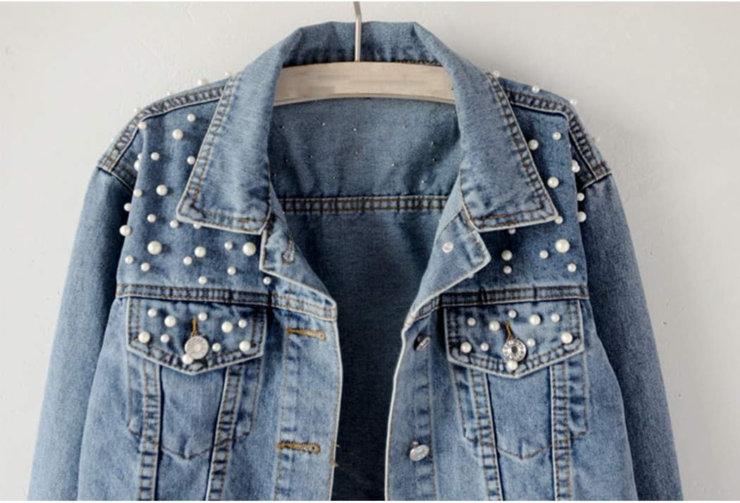 Hixiaohe Women Loose Embroidered Pearls Beading Cropped Denim Jacket Jean Coat