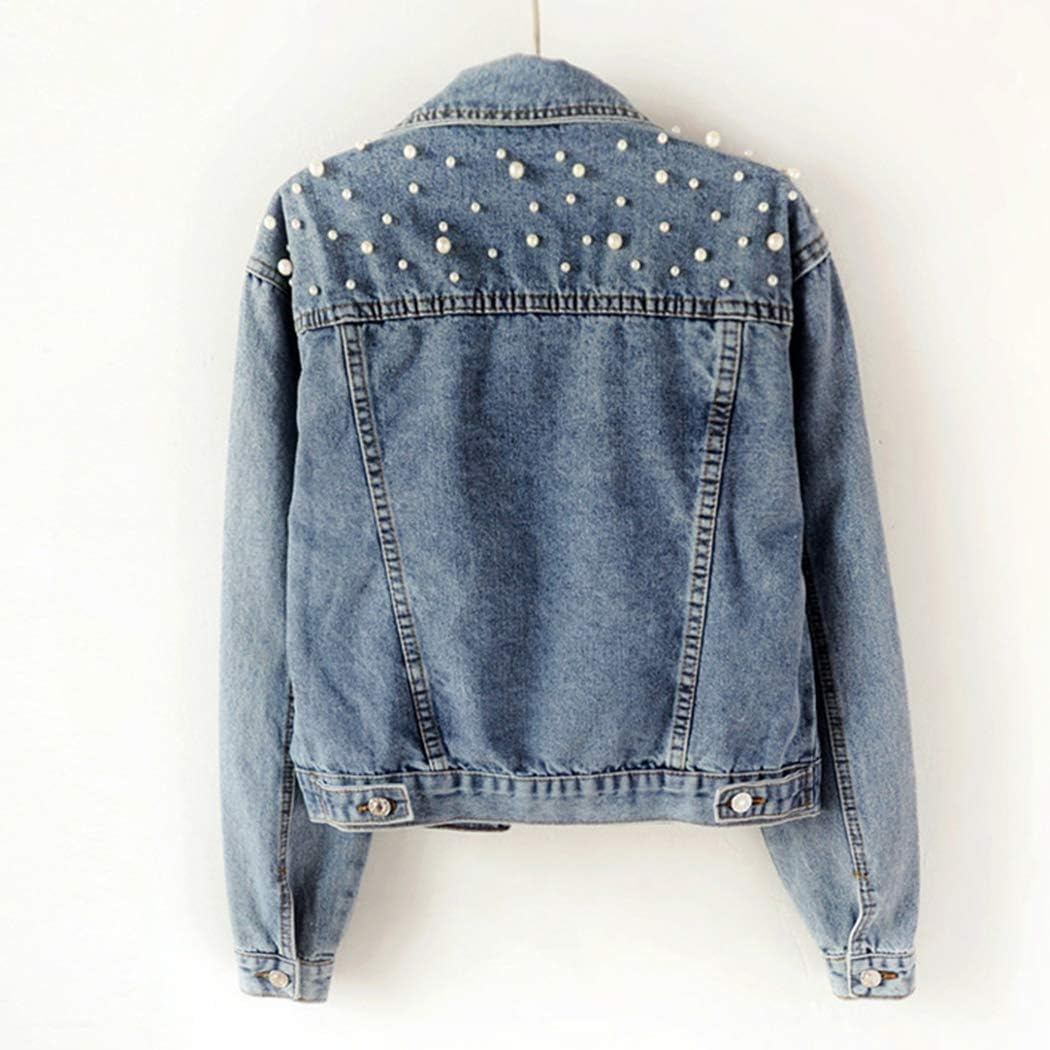 Hixiaohe Women Loose Embroidered Pearls Beading Cropped Denim Jacket Jean Coat