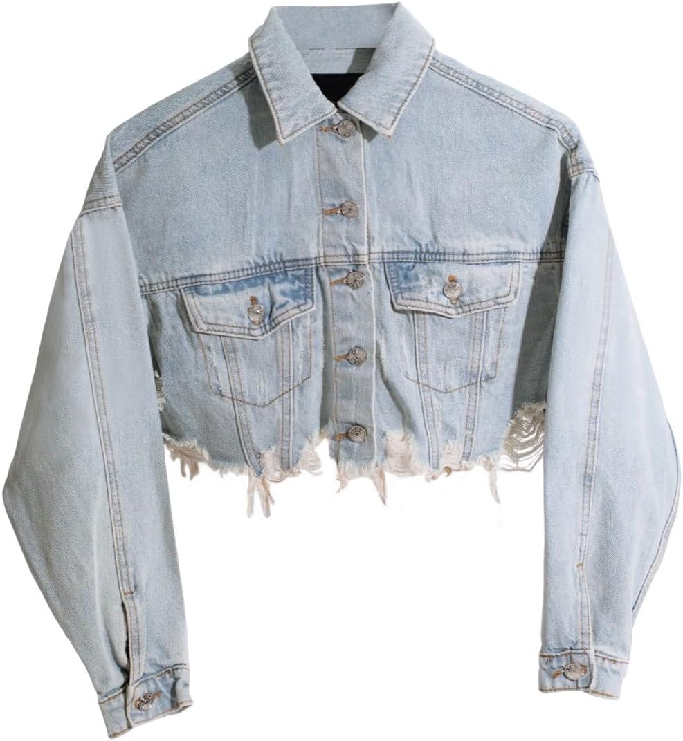 HTD Women’s Cropped Jean Jacket Button Up Long Sleeve Ripped Distressed Denim Jacket Frayed Hem