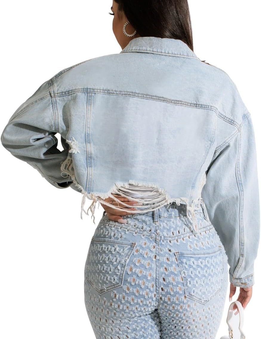 HTD Women’s Cropped Jean Jacket Button Up Long Sleeve Ripped Distressed Denim Jacket Frayed Hem