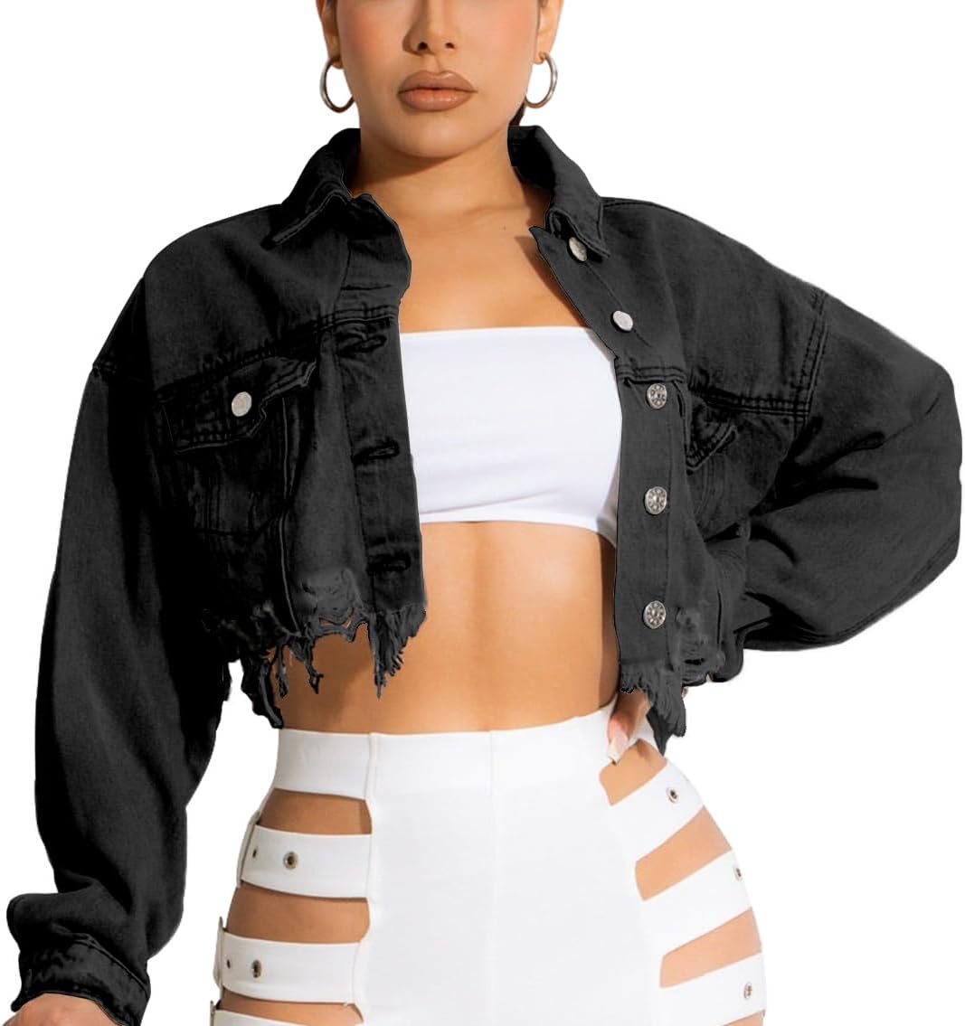 HTD Women’s Cropped Jean Jacket Button Up Long Sleeve Ripped Distressed Denim Jacket Frayed Hem