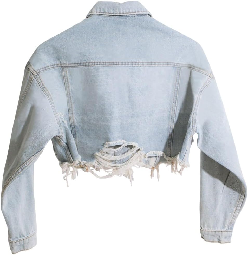 HTD Women’s Cropped Jean Jacket Button Up Long Sleeve Ripped Distressed Denim Jacket Frayed Hem