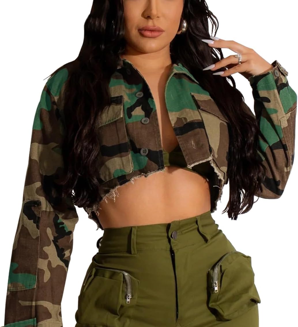 HTD Women’s Cropped Jean Jacket Button Up Long Sleeve Ripped Distressed Denim Jacket Frayed Hem