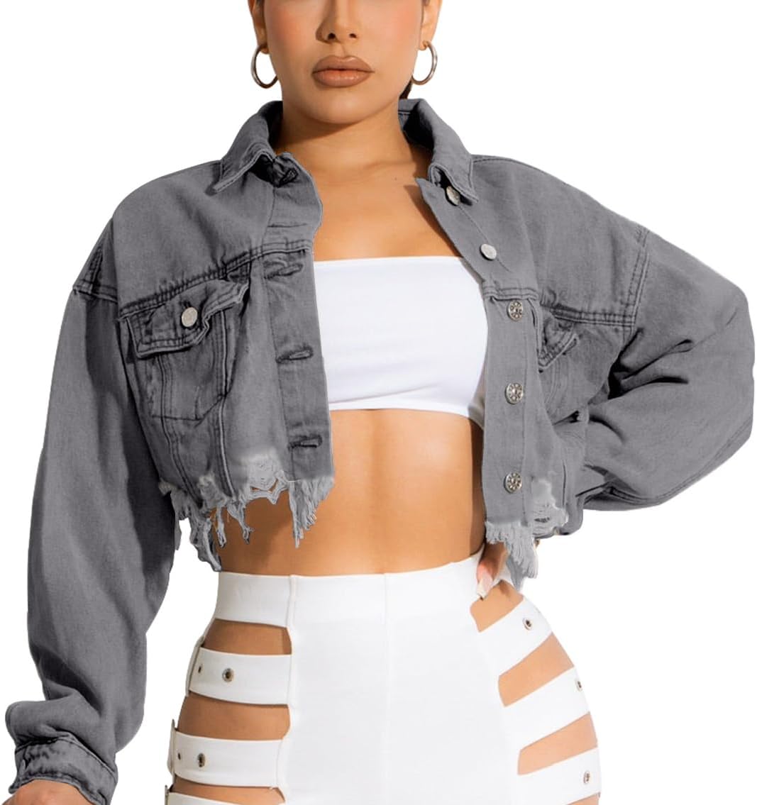 HTD Women’s Cropped Jean Jacket Button Up Long Sleeve Ripped Distressed Denim Jacket Frayed Hem