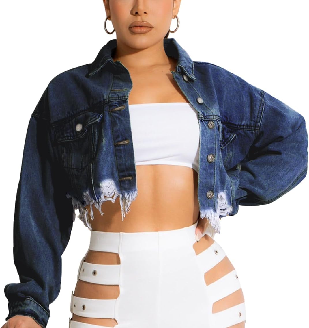 HTD Women’s Cropped Jean Jacket Button Up Long Sleeve Ripped Distressed Denim Jacket Frayed Hem