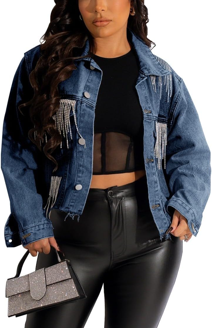 HTD Women’s Cropped Jean Jacket Button Up Long Sleeve Ripped Distressed Denim Jacket Frayed Hem