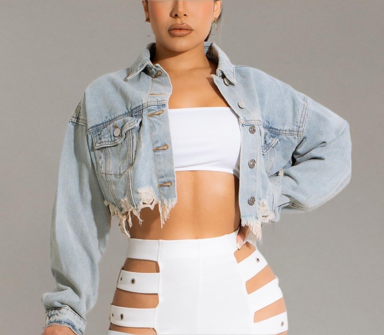 HTD Women’s Cropped Jean Jacket Button Up Long Sleeve Ripped Distressed Denim Jacket Frayed Hem