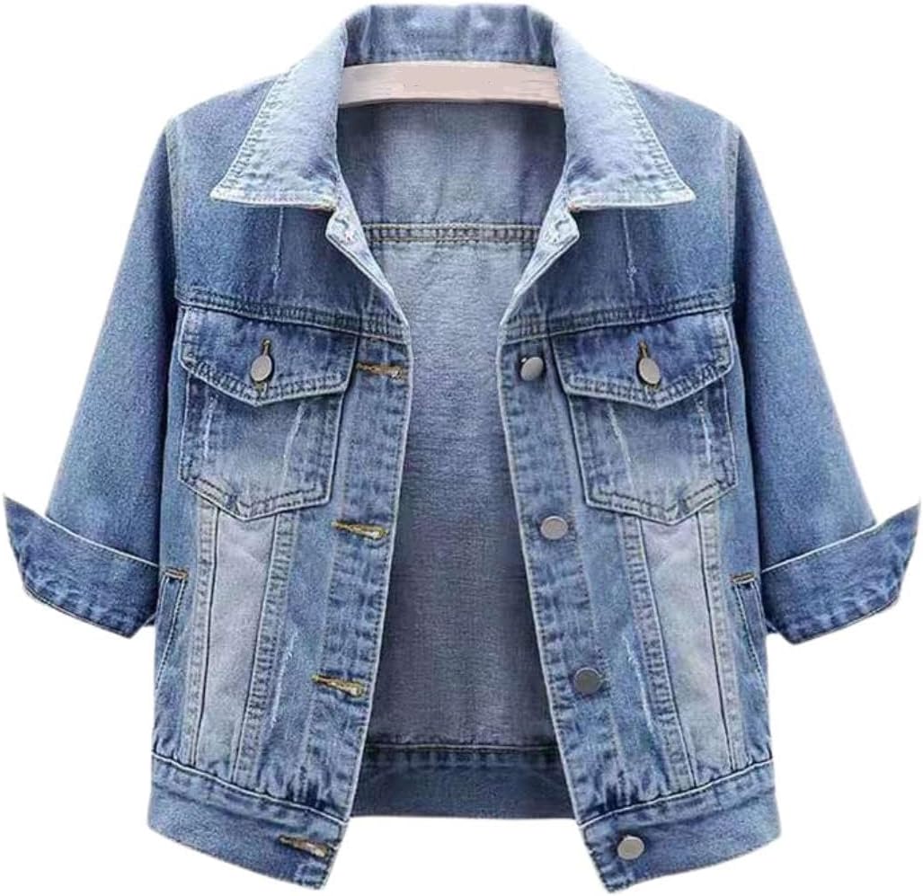 Huang’s Women’s Classical 3\/4 Short Sleeves All Season Denim Jacket for women Button Front Light Wash Cotton Denim Jacket